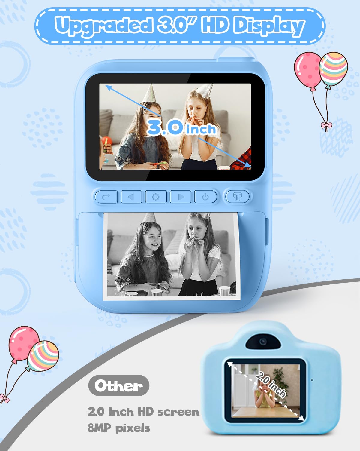 Kinderkamera Sofortbildkamera 3,0 Zoll 1080P Digitalkamera mit Druckerpapier & 32GB Karte für 3-10 Jahre Blau