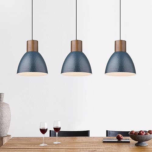 Miniatura 5 de ELYONA Juego de 2 lámparas colgantes de metal martillado vintage de madera de goma de 68 pulgadas y 3 luces sopladas a mano y apliques de pared