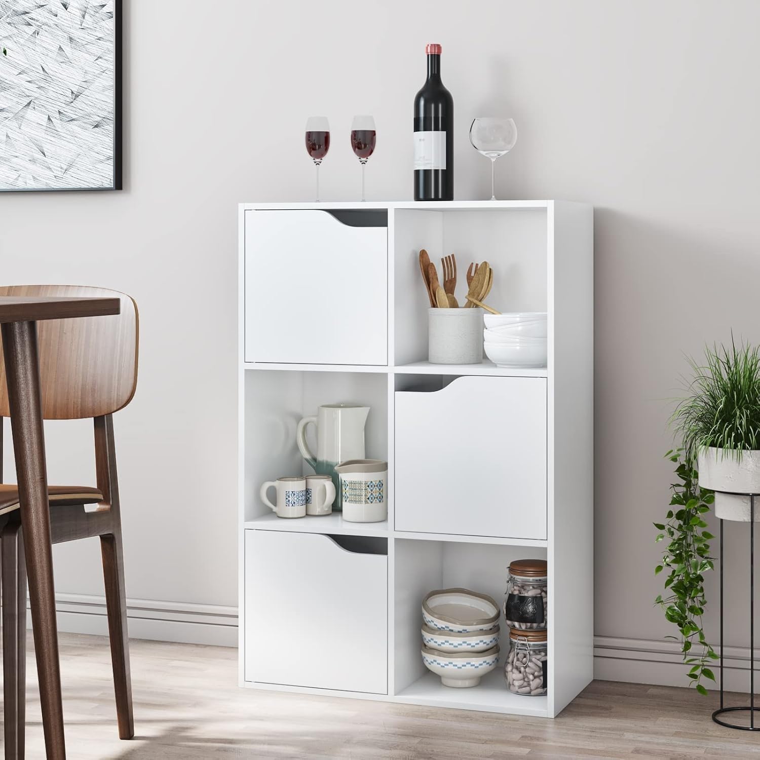 FirFurd Libreria Bianca con 6 Cubi e 3 Porte, Libreria Armadietto 3 Ripiani | Libreria a Cubi｜Scaffale Portaoggetti per Libri｜Mobiletto Multiuso Salvaspazio｜per Casa,Soggiorno,Ufficio｜60x90x29cm｜Bianco