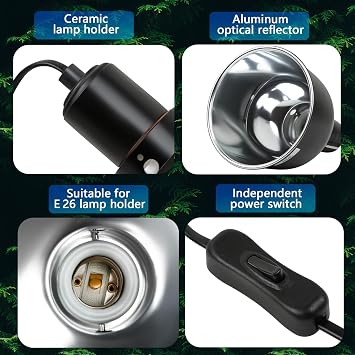 Reptile Light Fixture, 5.5 inch Optical Reflection Shallow Dome Heat Lamp Fixture, UVB Heat Basking Lamp Fixture for Amphibian Reptile Terrariums
