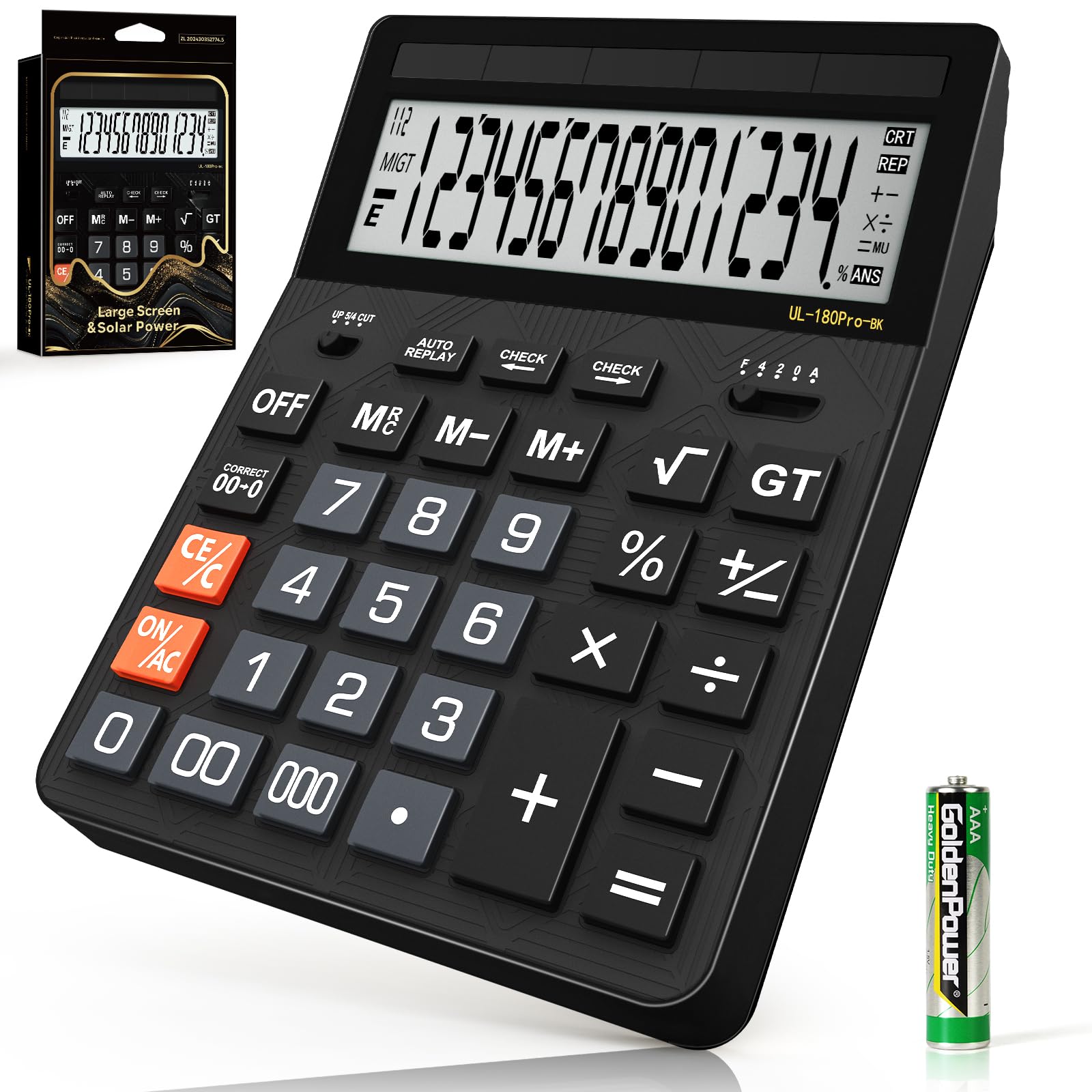 Calculators Desktop, 2026 Upgrade 14 Digit Large Size Calculator with 5-Inch LCD Display and Solar Power, Office Calculator for Desk (Black)