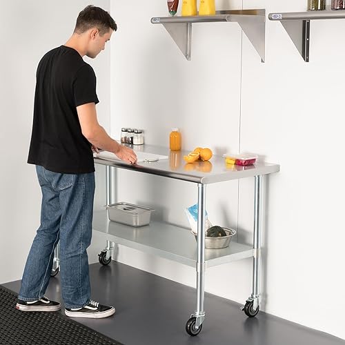 Miniatura 3 de HARDURA Mesa de acero inoxidable con ruedas de 24 x 60 pulgadas, ruedas NSF Mesa de trabajo y preparación comercial resistente con estante inferior
