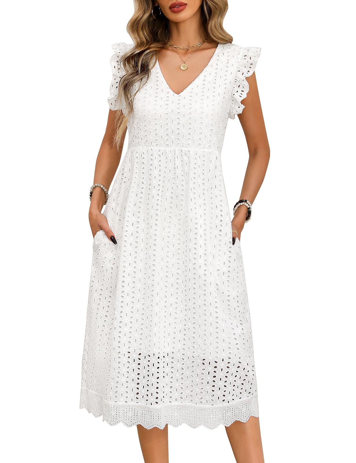 Vestido Mujer Verano Casual Vestido Largo con Manga Volante Cuello V Elegante Cintura Alta A-Line Vestidos Hueco de Flores Jacquard Sólida Algodón Vestidos de Playa con Bolsillos