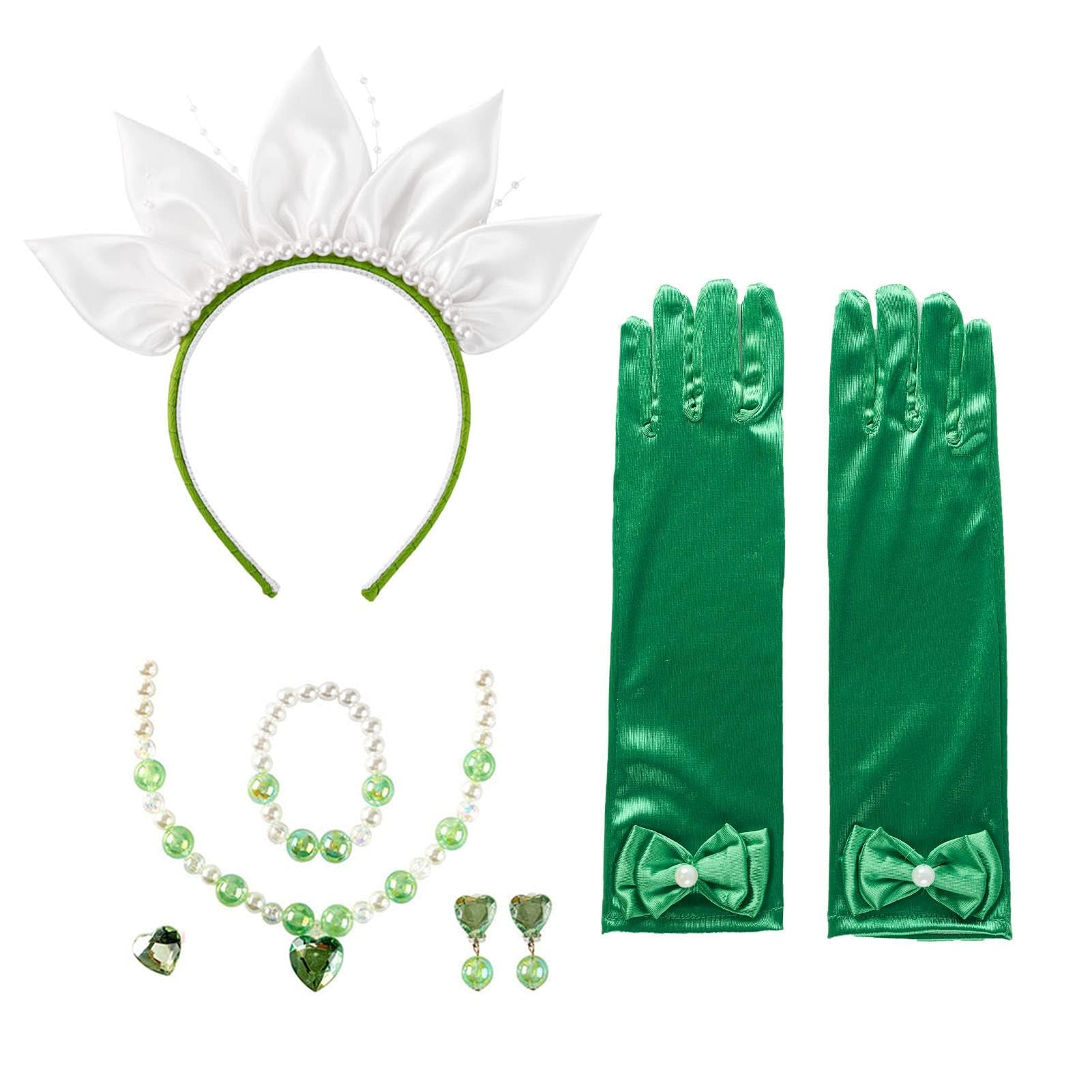 ALUNME Women's Halloween Princess Costume Accessory Set, Flower Headband, Green Gloves & Necklace