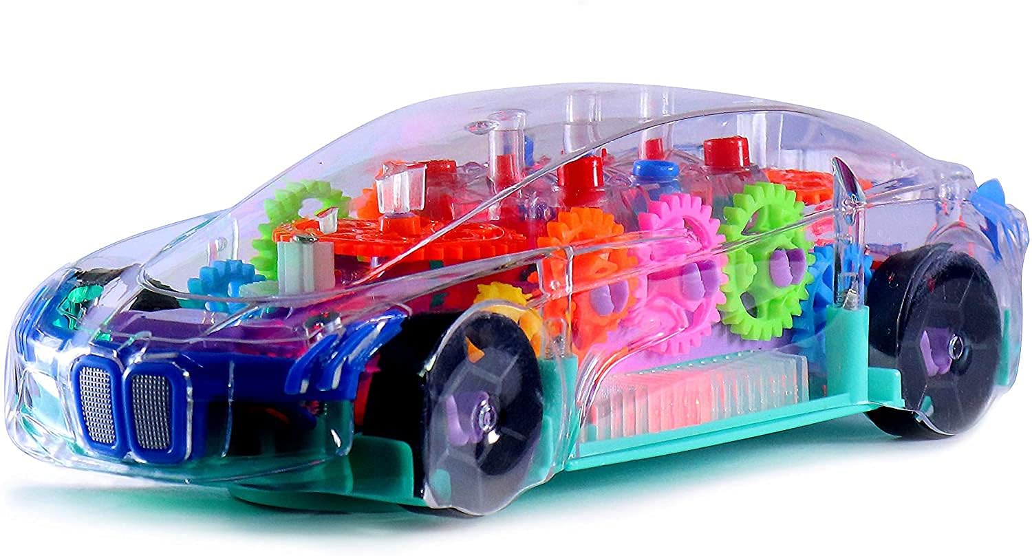 Kriva Export Gear Display Transparent Car Toy for Kids - 360 Degree Rotating Concept Racing Vehicle with 3D Flashing LED Lights and Music (Color as per Stock) (Transparent Car)