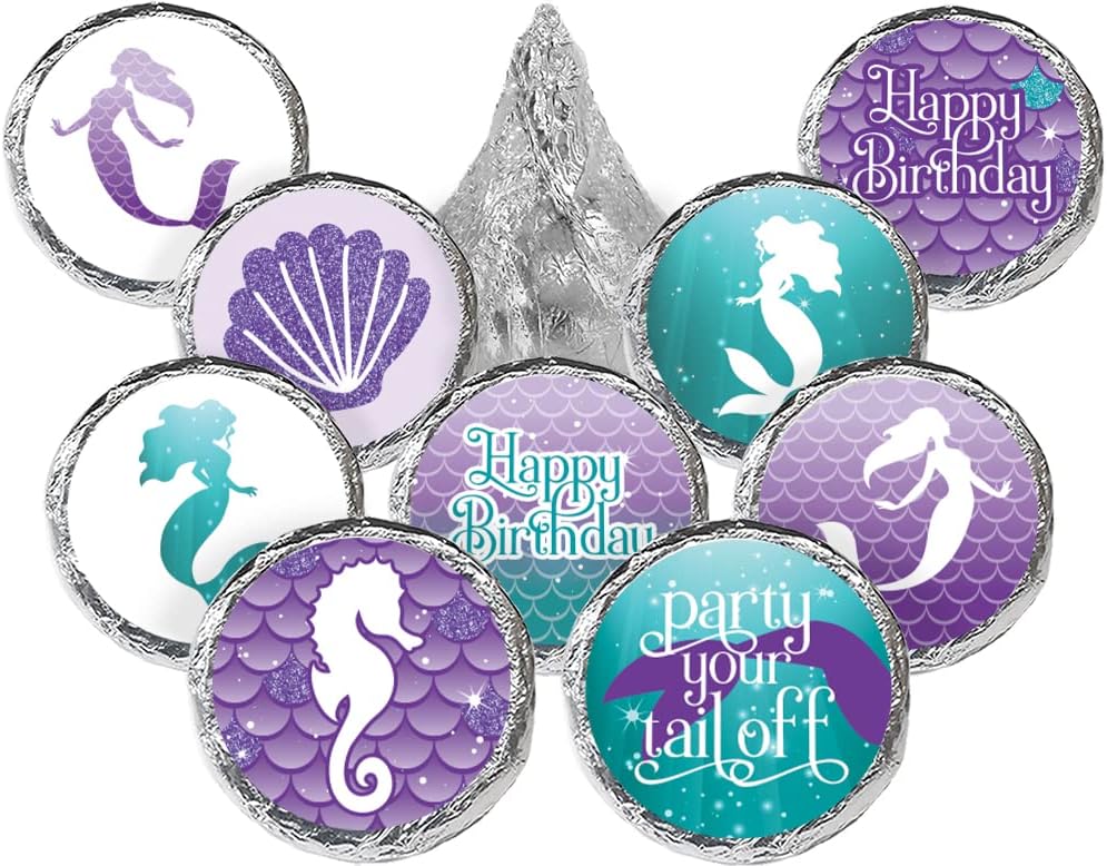 Mermaid Birthday Party Favor Stickers, Chocolate Kisses Candy Stickers - 180 Count