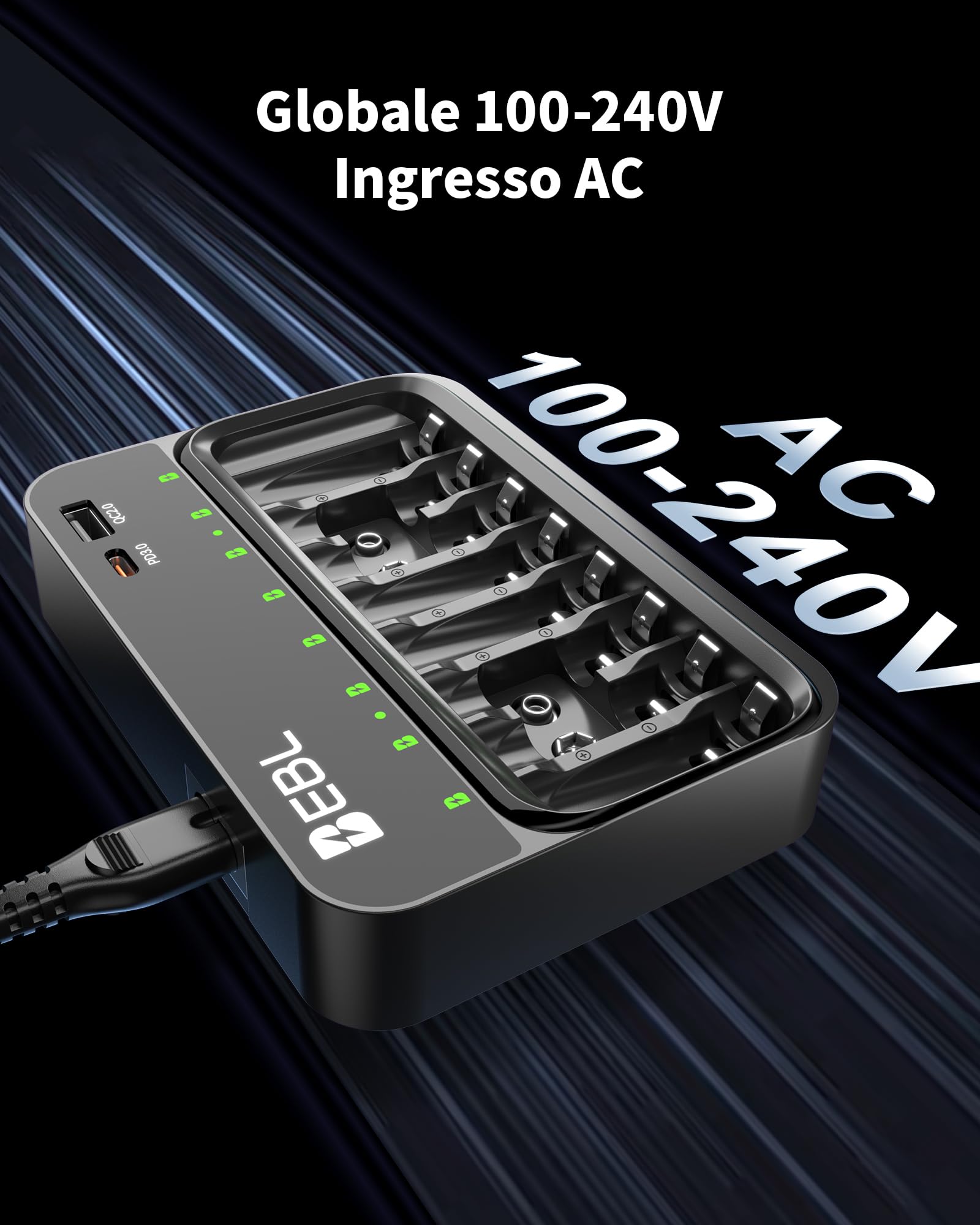 EBL Caricabatterie per batterie AA AAA 9V, 8 slot caricatore indipendenti, ingresso USB-C PD3.0 & Micro USB, caricatore rapido