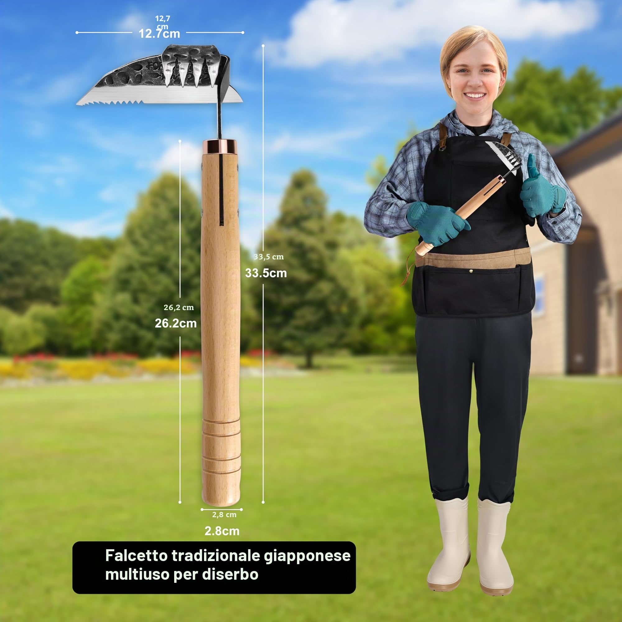aon Giapponese Estirpatore Erbacce Manuale & Zappetta da Giardino, Acciaio Forgiato con Bordo Affilato e 4 Denti per Diserbare, Togliere Erbacce e Lavorare Terreno in Orto, Giardino e Aiuole Rialzate