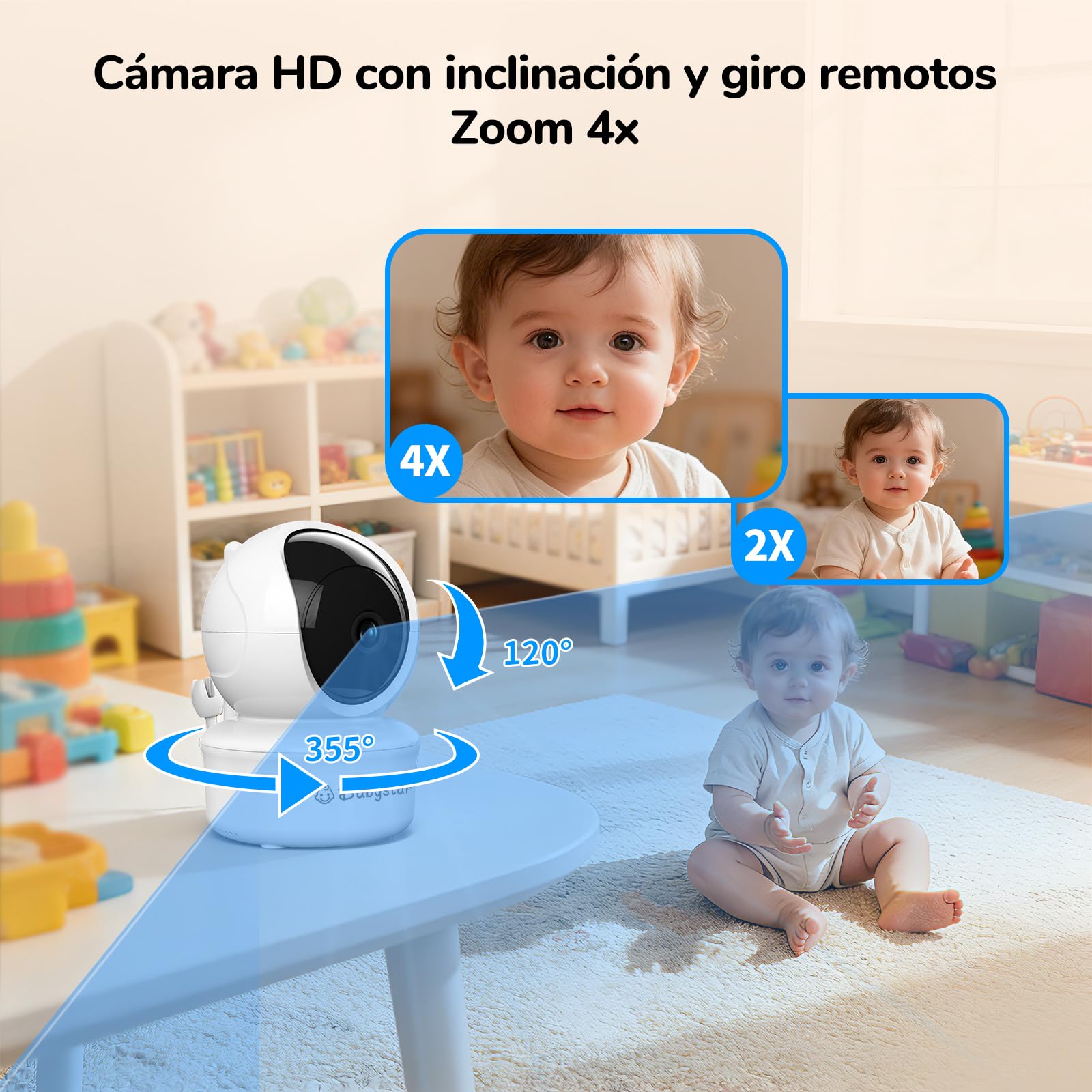 Babystar Camara Vigilancia Bebe 5" 720P HD IPS Rotación de 355° Vigilabebes con Camara Batería de 4000 mAh, Sin WiFi, VOX, Audio Bidireccional, 4×Zoom, Sensor de Temperatura y Aviso de Lactancia