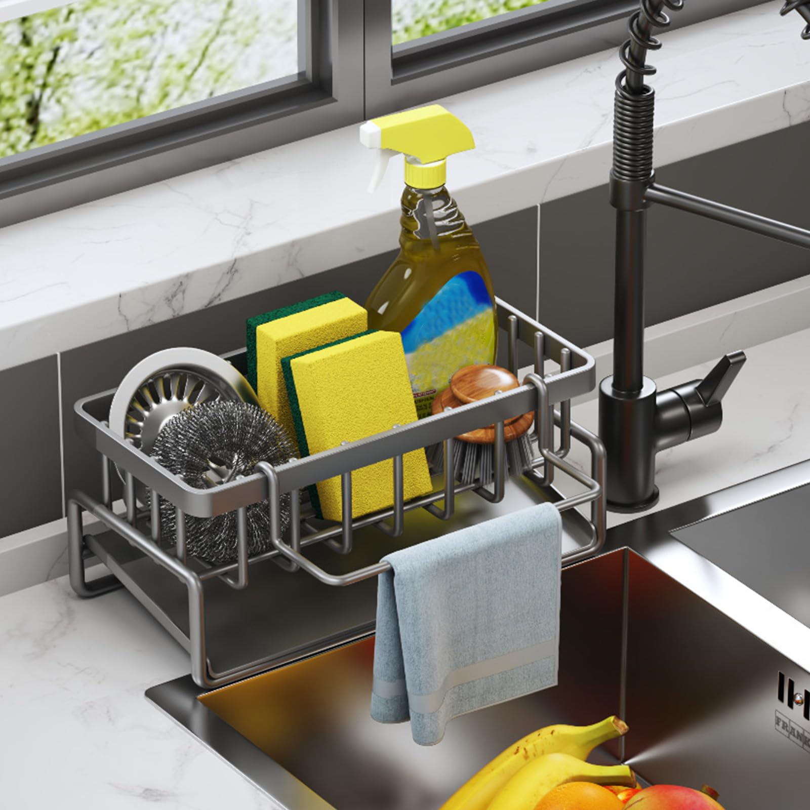 Sponge Holder for Kitchen Sink 2024 New Sink Caddy Organzier Rustproof 304 Stainless Steel Dish Organizer Divider Soap