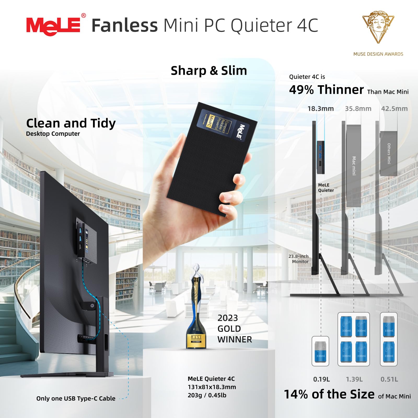 MeLE Quieter 4C Mini PC Sin Ventilador, N100 16GB 512GB, Triple Pantalla 4K | N100 hasta 3.4GHz, 16GB RAM, 512GB SSD, doble HDMI+USB-C triple 4K, Windows/Linux/Debian, Wi-Fi 5, ethernet gigabit