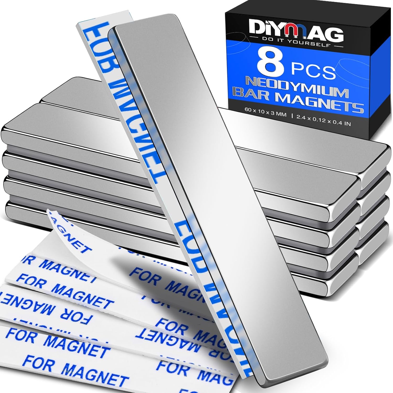 DIYMAG Strong Bar Magnets, Rare Earth Neodymium Magnets with Adhesive Backing, Powerful Pull Force, Perfect for Fridge, Garage, Kitchen, Science, Craft, Office, 60x10x3mm.8Pack (8P) Thumbnail