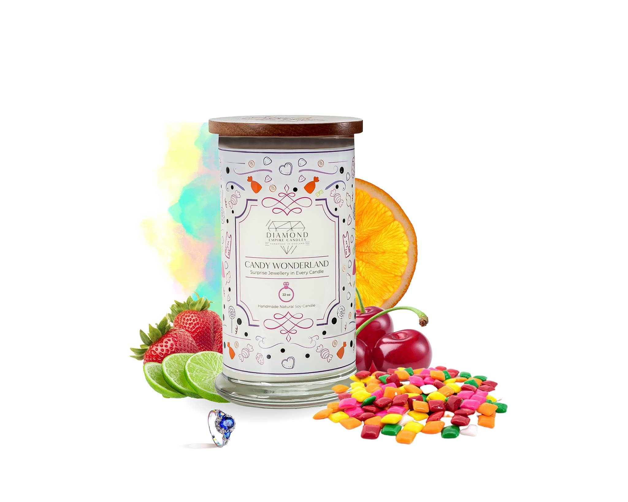 Diamond Empire Candy Wonderland Candle with Surprise Jewellery Inside (Jewelry Valued up to £2,500), Highly Scented Candles Gifts Set for Women's Anniversary, Birthday, Wedding| 2 Wicks (Earrings)
