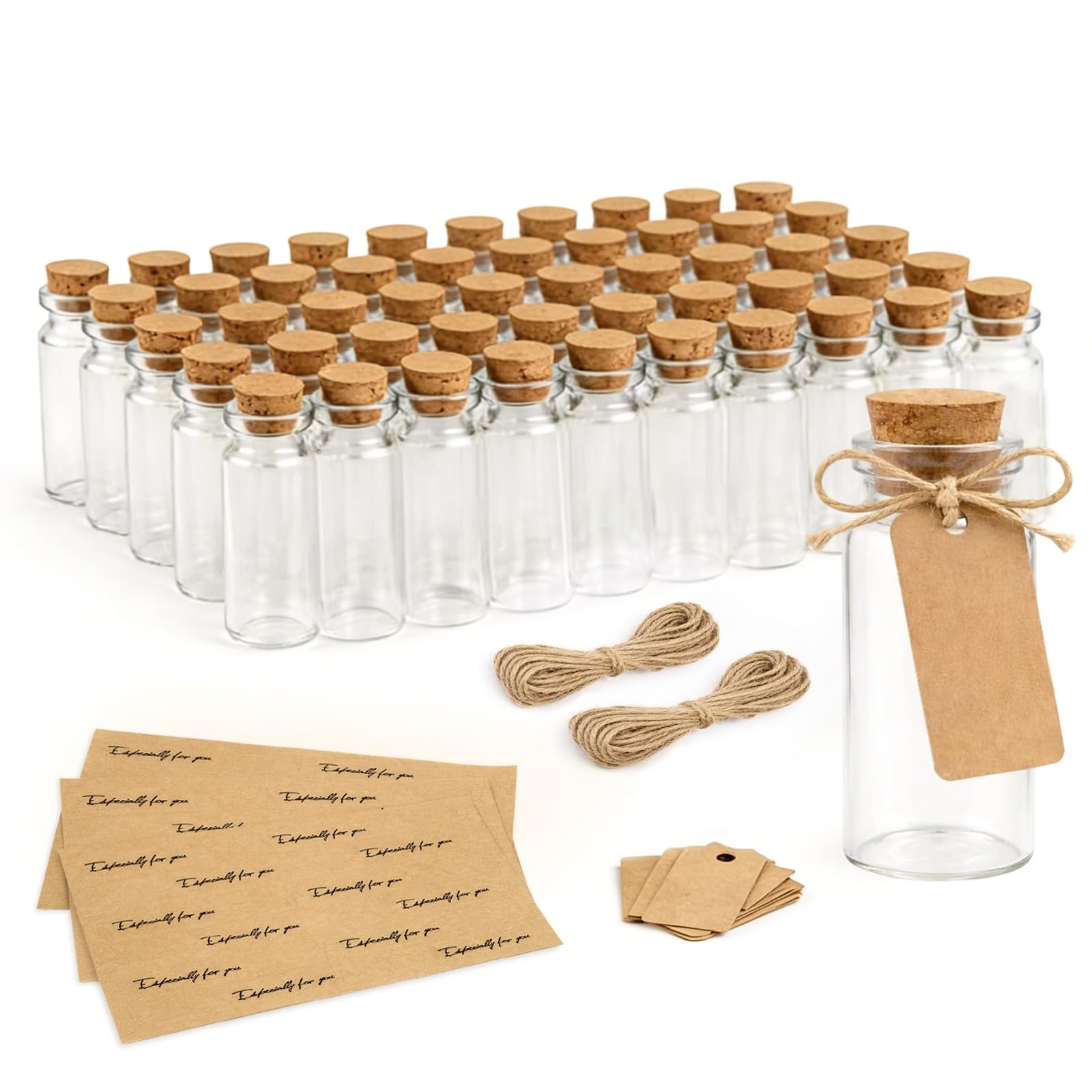 Nymblis 50pcs 25ML Glass Bottles With Cork Stoppers, Small Glass Bottles With DIY Label Tags and String, Mini Clear Vials for Wedding Favour Party Gifts Decorations