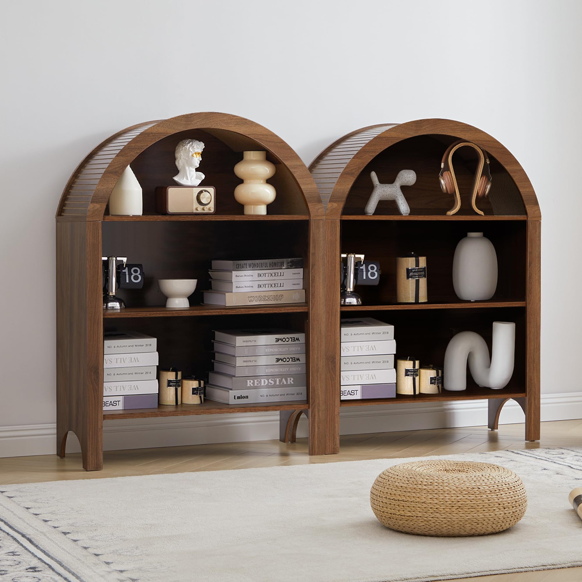 Janmer Home Freestanding Arched Bookcase, Modern 3-Tier Open Bookshelf, Low Short Bookshelf with Adjustable Shelves, Arched Storage Display Cabinet