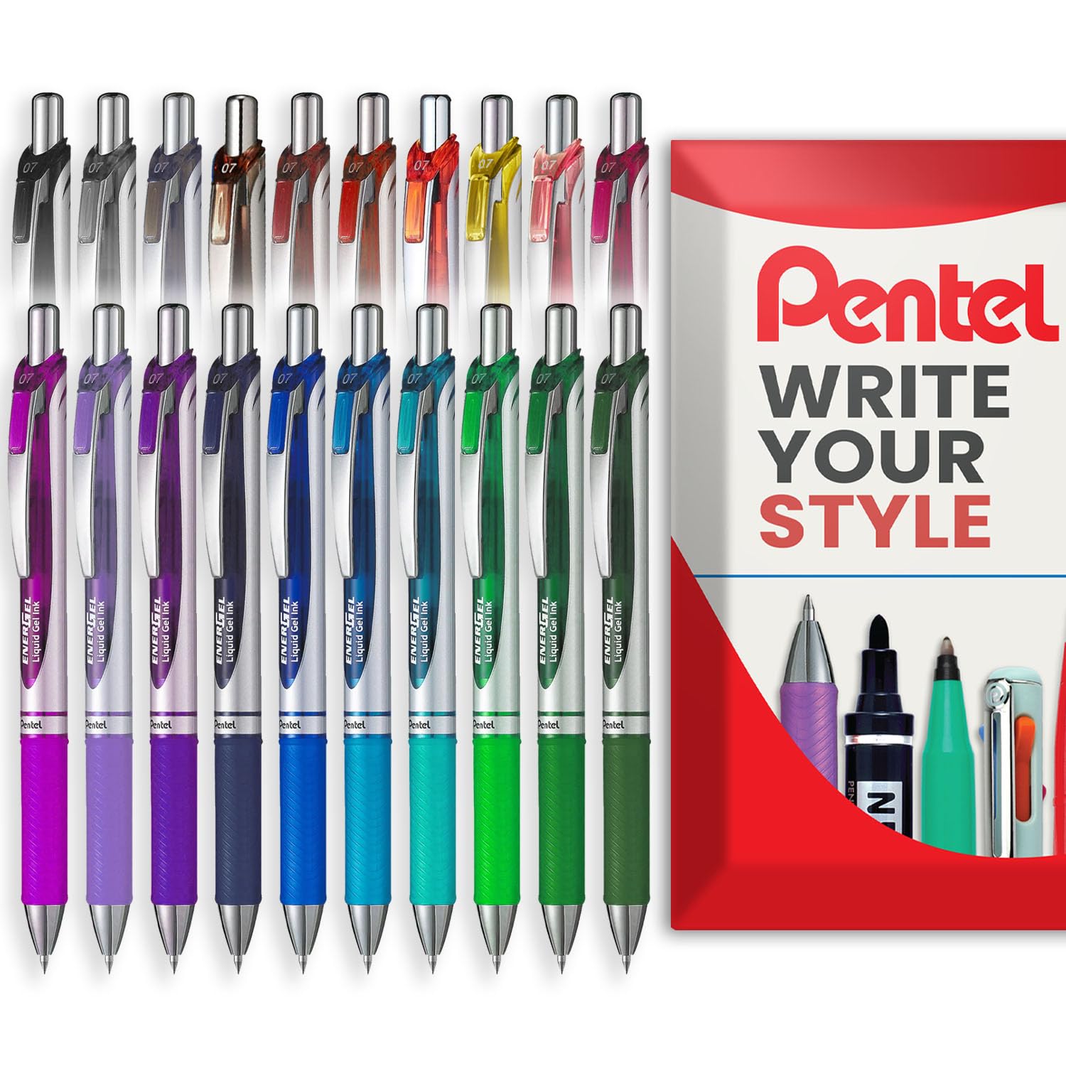 Pentel EnerGel XM BL77 – Packung mit 20 einschiebbaren flüssigen Gelschreibern – 0,7 mm – 54 % recycelt – in Kissenverpackung