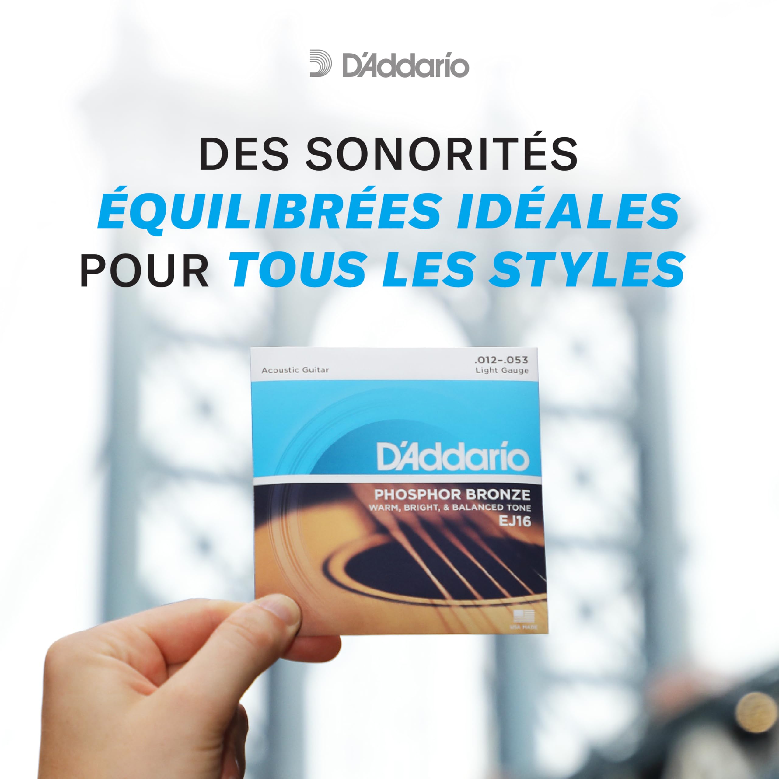 D'Addario Cordes Guitare Acoustique | Corde Guitare Folk | EJ16 | Cordes en bronze phosphoreux pour guitare acoustique | Léger 12-53