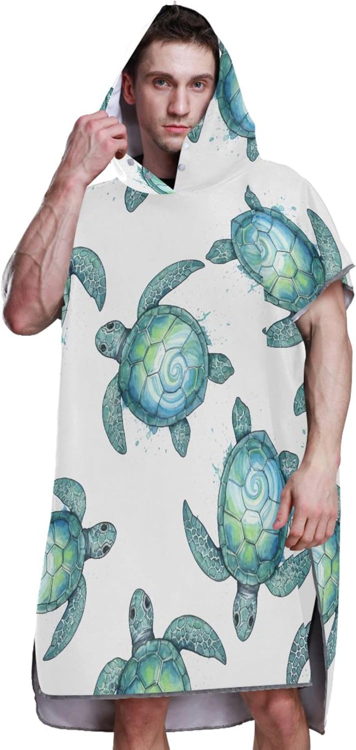 Surf Poncho Changing Robe for Adults Hooded Beach Towel Print Reusable Sea Turtles White Men Women Poncho with Hood One Size