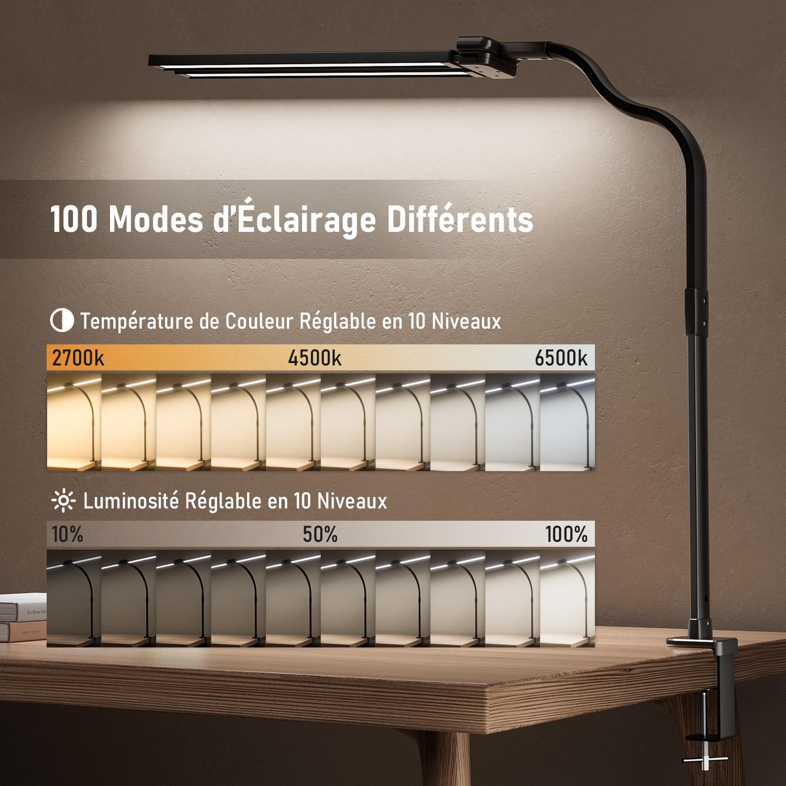 Jeebel Lampe de Bureau LED 24W 80cm Double Tête avec Télécommande, Pince 9,5cm, Réglable 360°, 10 Modes Couleur, 10 Luminosité, 1800LM