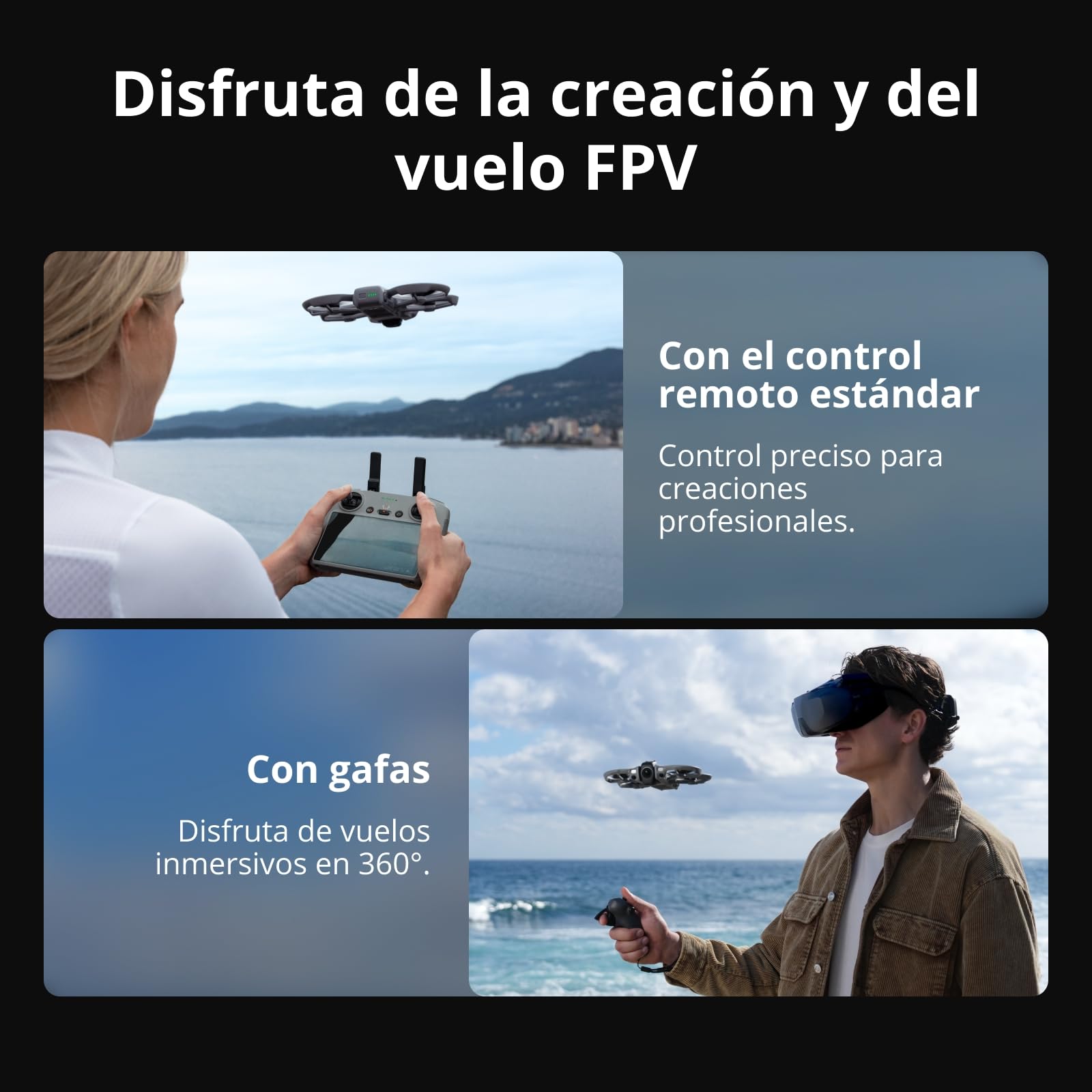 Pack DJI Avata 360 Motion Vuela Más, dron 360° con imagen 360° de 1 pulgada 8K, dron con cámara 360° con protector de hélices. Incluye Goggles N3 y RC Motion 3 para un control de movimiento intuitivo.