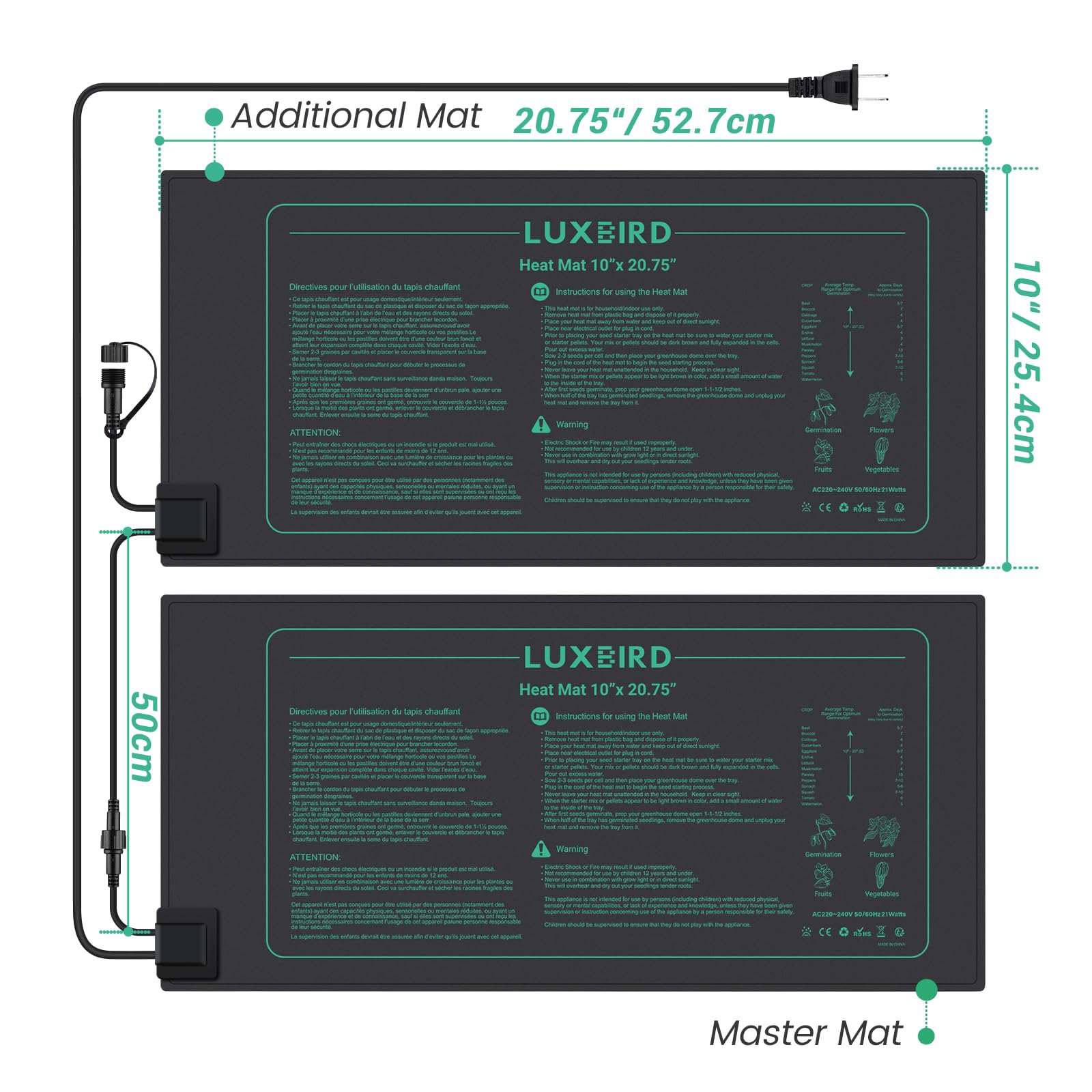Luxbird Alfombra calefactora para la germinación de plántulas, 21V, Paquete de 2 Alfombrillas calefactoras, Control de uno a Varios, 52,7 x 25,4cm