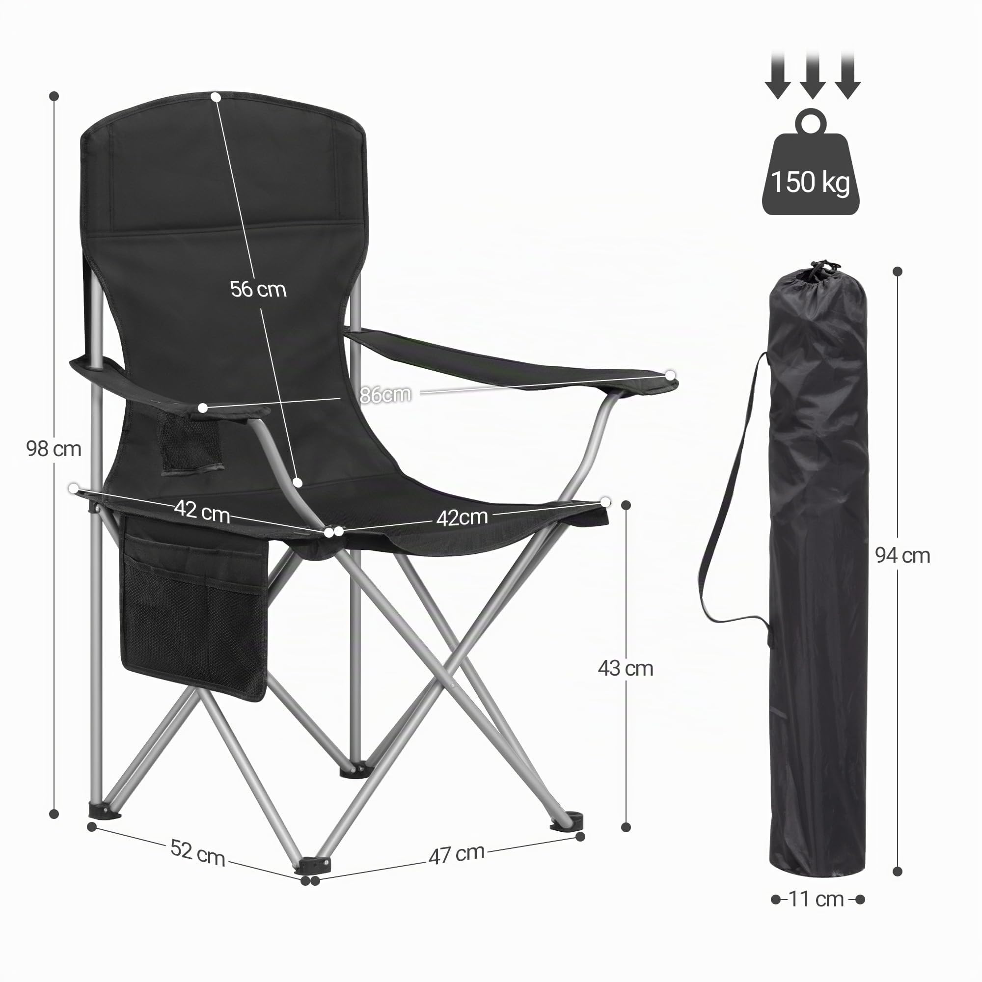 Hzuaneri Campingstuhl, 2er Set, Campingstuhl Faltbar mit Getränkehalter und Tragetasch, Schwerlaststruktur bis 150 KG, Anglersessel Klappbar, Anglerstuhl, Gartenstuhl Outdoor, Schwarz CC00199EB