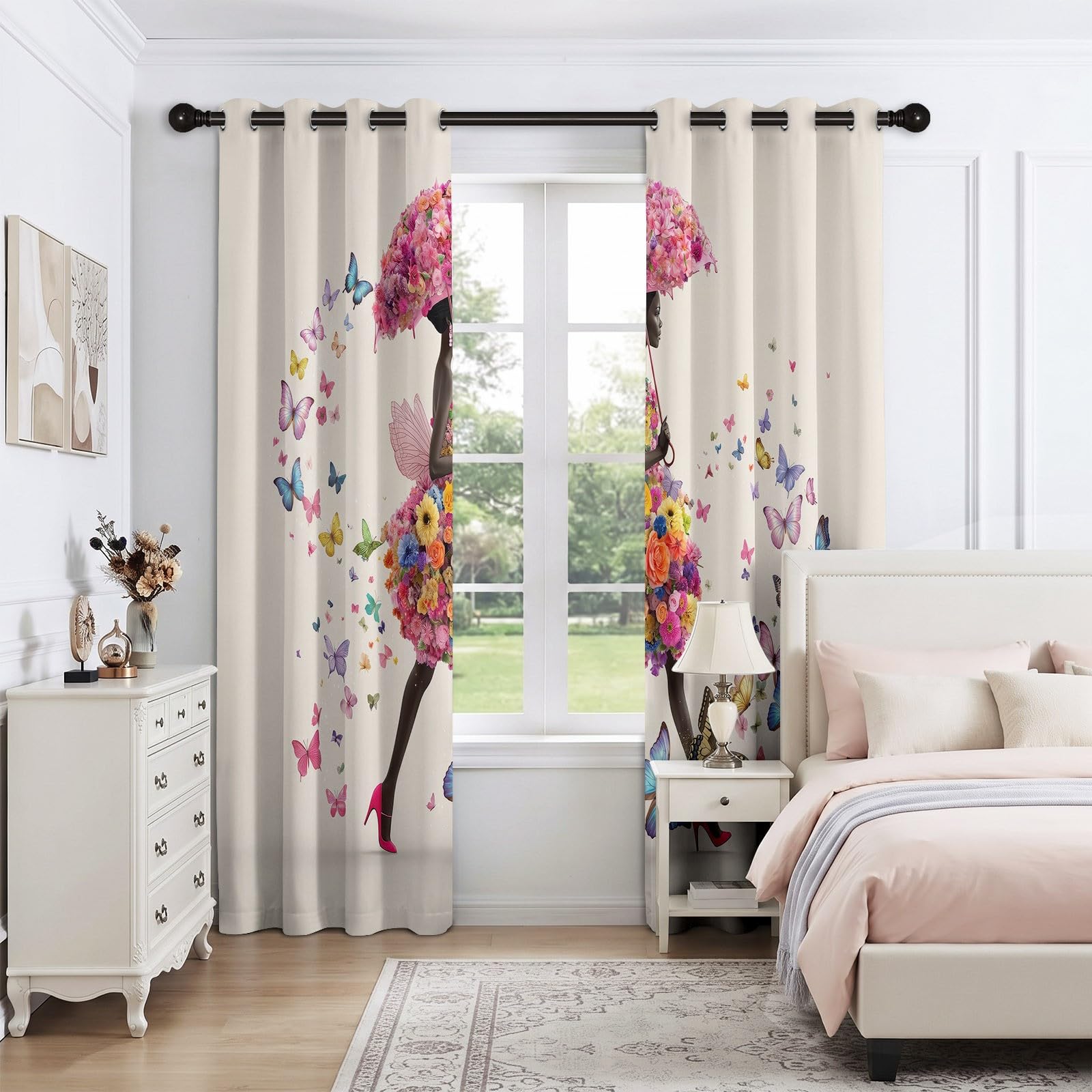 Piękna czarna kobieta motyl kwiatowe zasłony oczka, szer. 140 cm x dł. 260