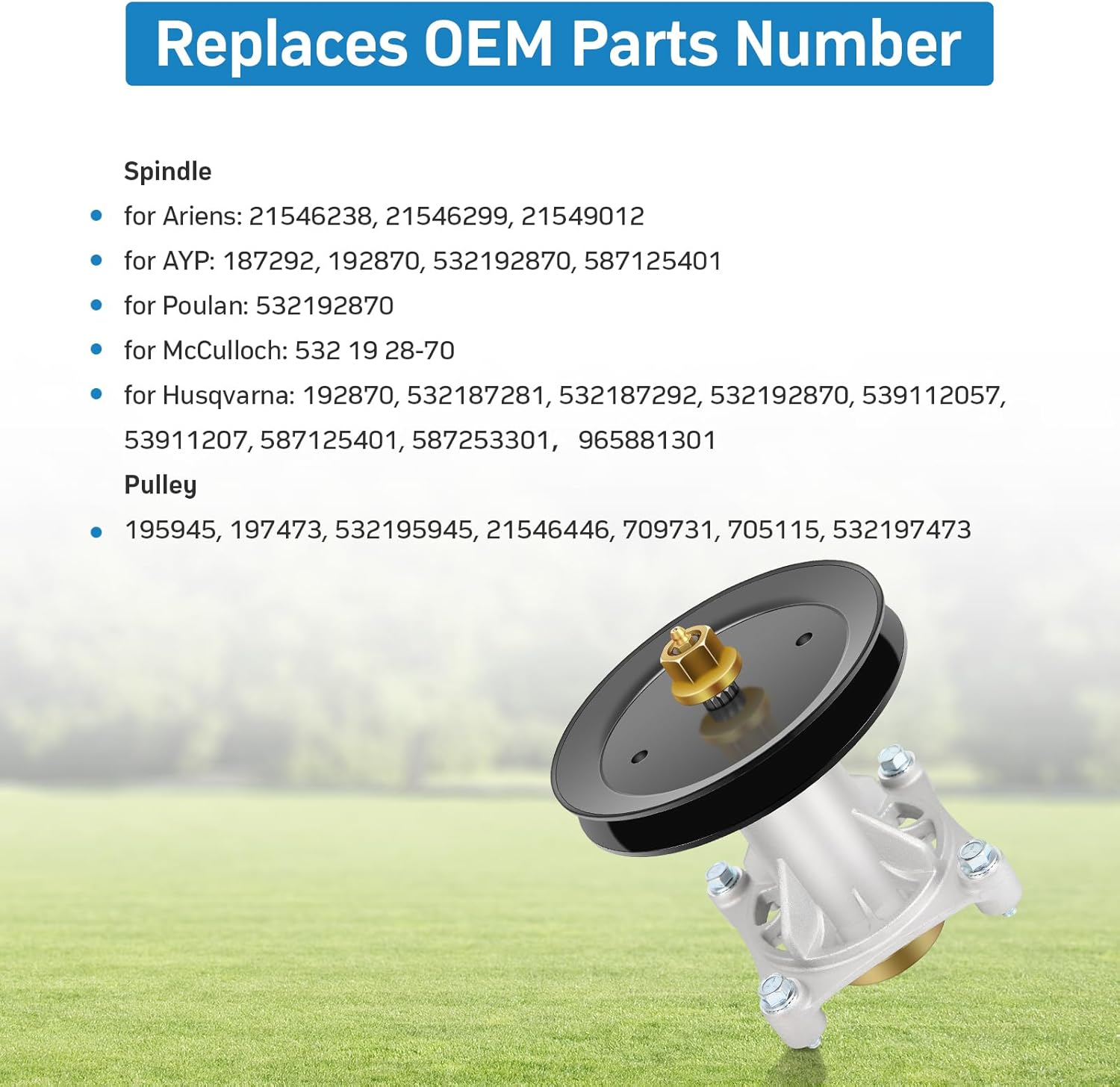 Lawn Mower Spindle with Pulley Fits for 532187292 532192870 532187281 21546238 21546299 197473 532195945 21546446 Compatible with Husqvarna YTH22V46 Ariens Poulan Jonsered Mandrel Assembly, 2 Pack