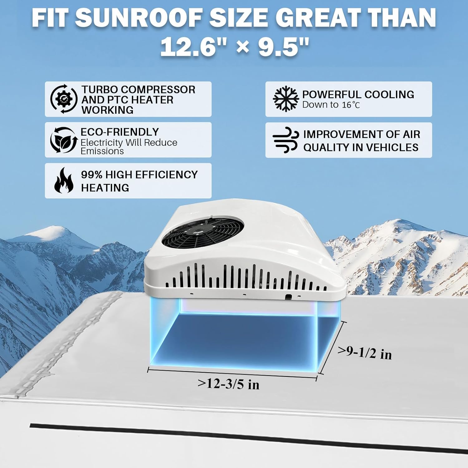 Diagram showing sunroof size requirements and unit features