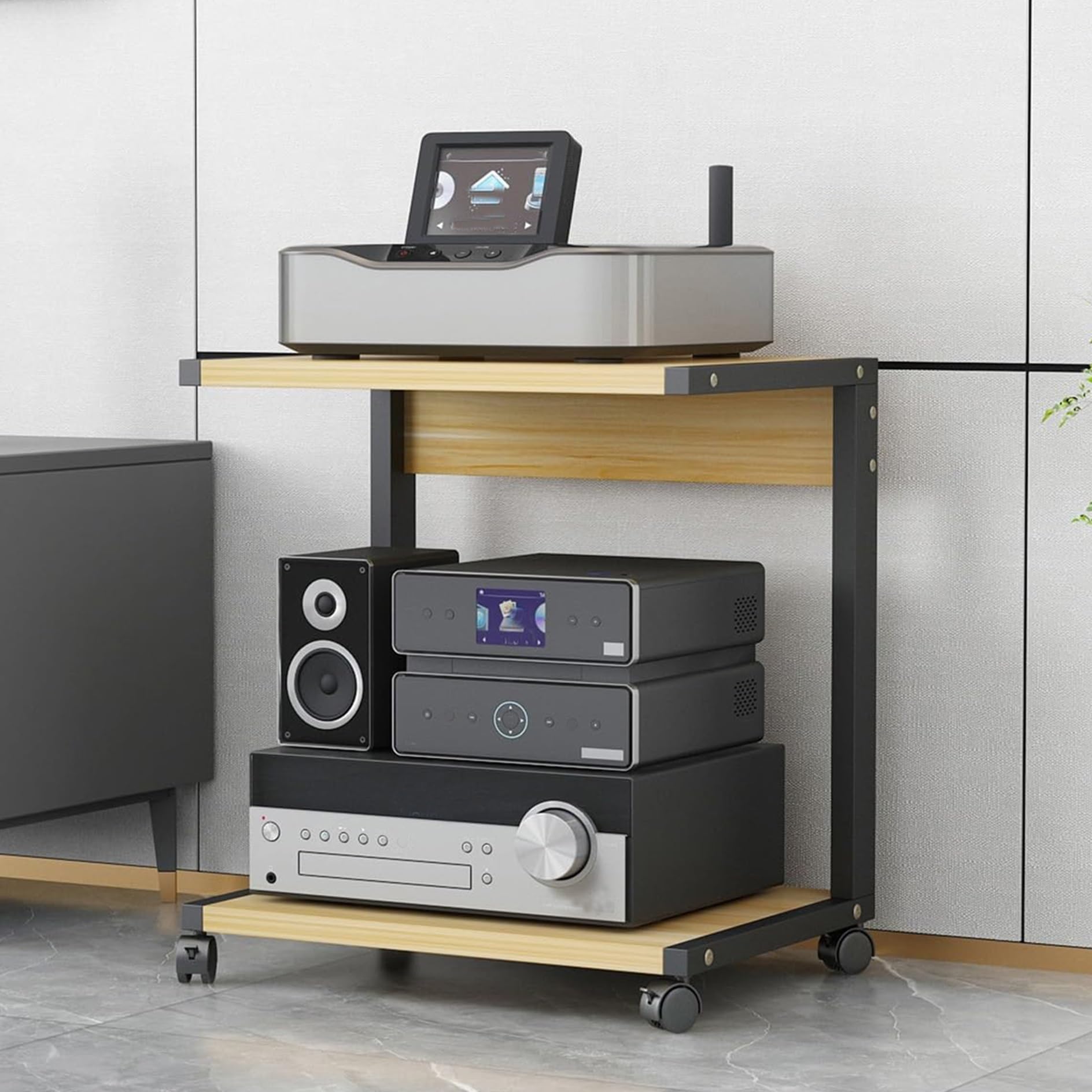 Stojak na sprzęt audiowizualny na kółkach, dwuwarstwowy stojak do przechowywania wideo, nowoczesny drewniany stojak do przechowywania konsoli, pionowe wsparcie, centrum rozrywki