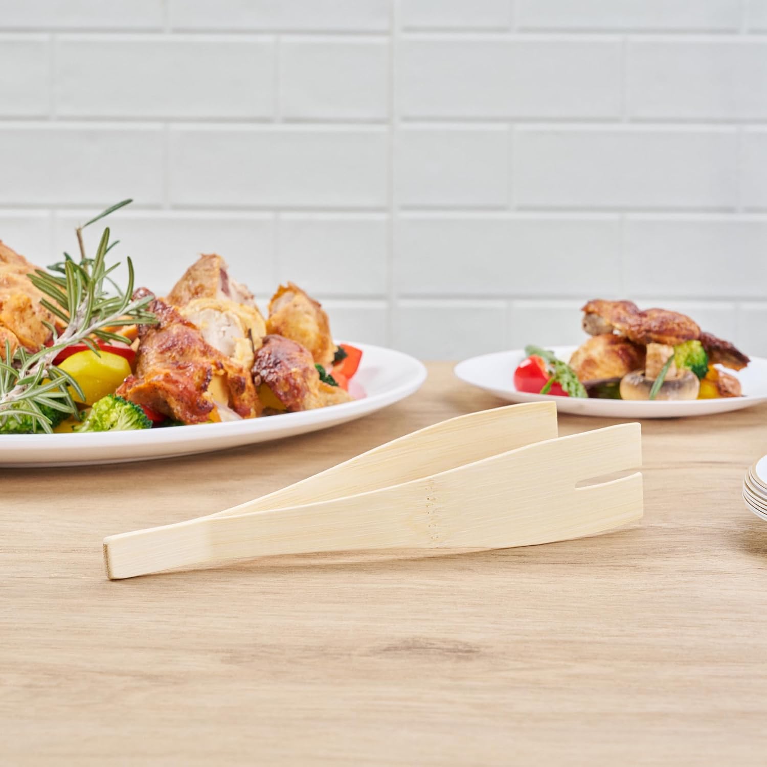 Restaurantware Bamboo Tongs 36 Pack of 8.8 Inch Sustainable Wooden Tongs Disposable For Serving Hot And Cold Foods Freezer-Safe Elegant Appearance Kitchen Utensil for Buffets, Weddings