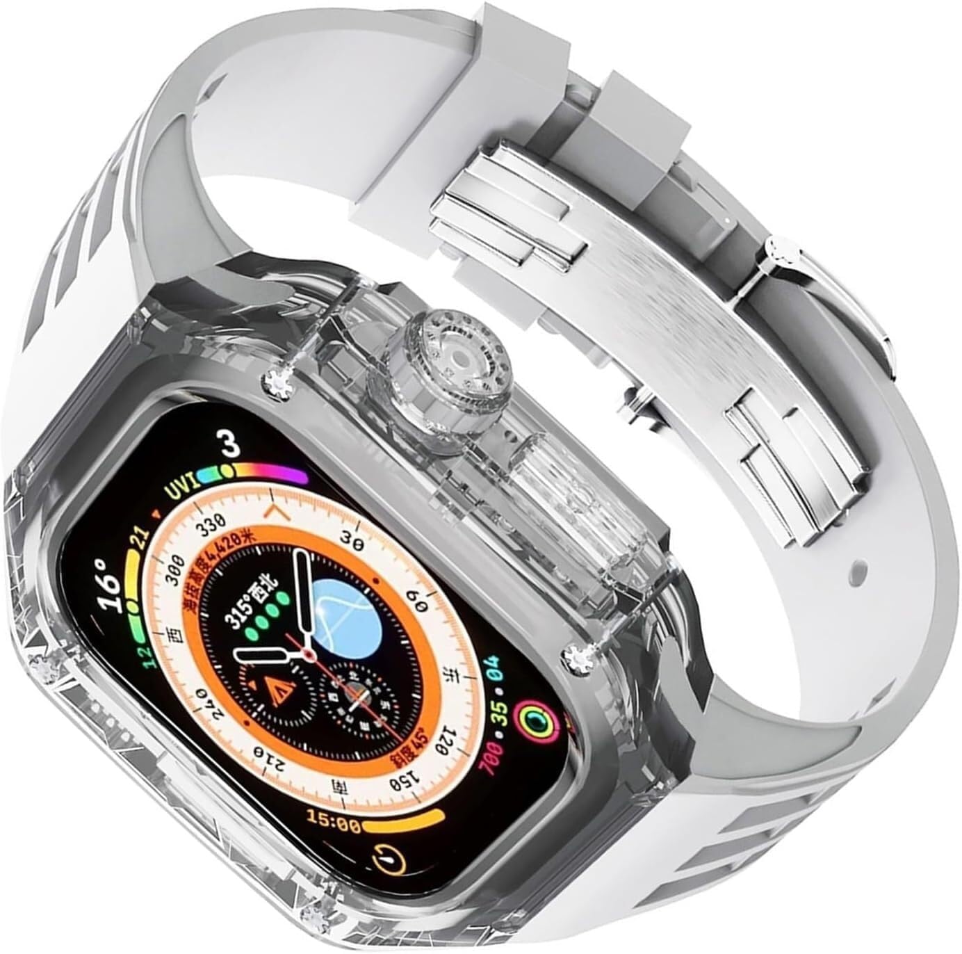 BIK 49mm 45mm 44mm Clear Transparent Watch Case Rubber Band，For Apple Watch Ultra 8 7 6 5 4 SE Series，PC Watch Case Sport Band Metal Clasp Mod Kit Accessories
