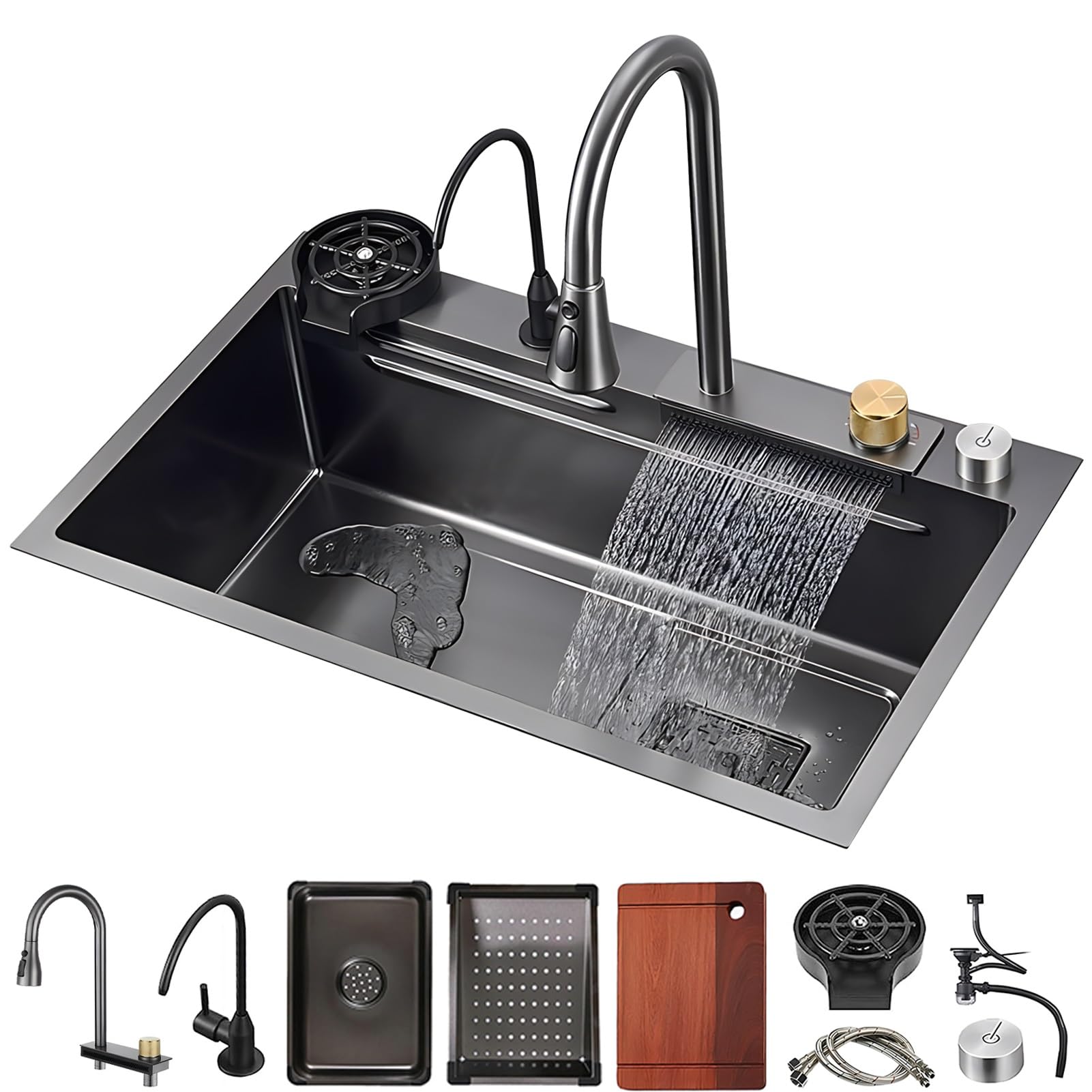 YADZISW Large Capacity Stainless Steel Kitchen Sink - Single Bowl Waterfall Design with Full Workstation Faucet & Accessories for Efficient Workflow