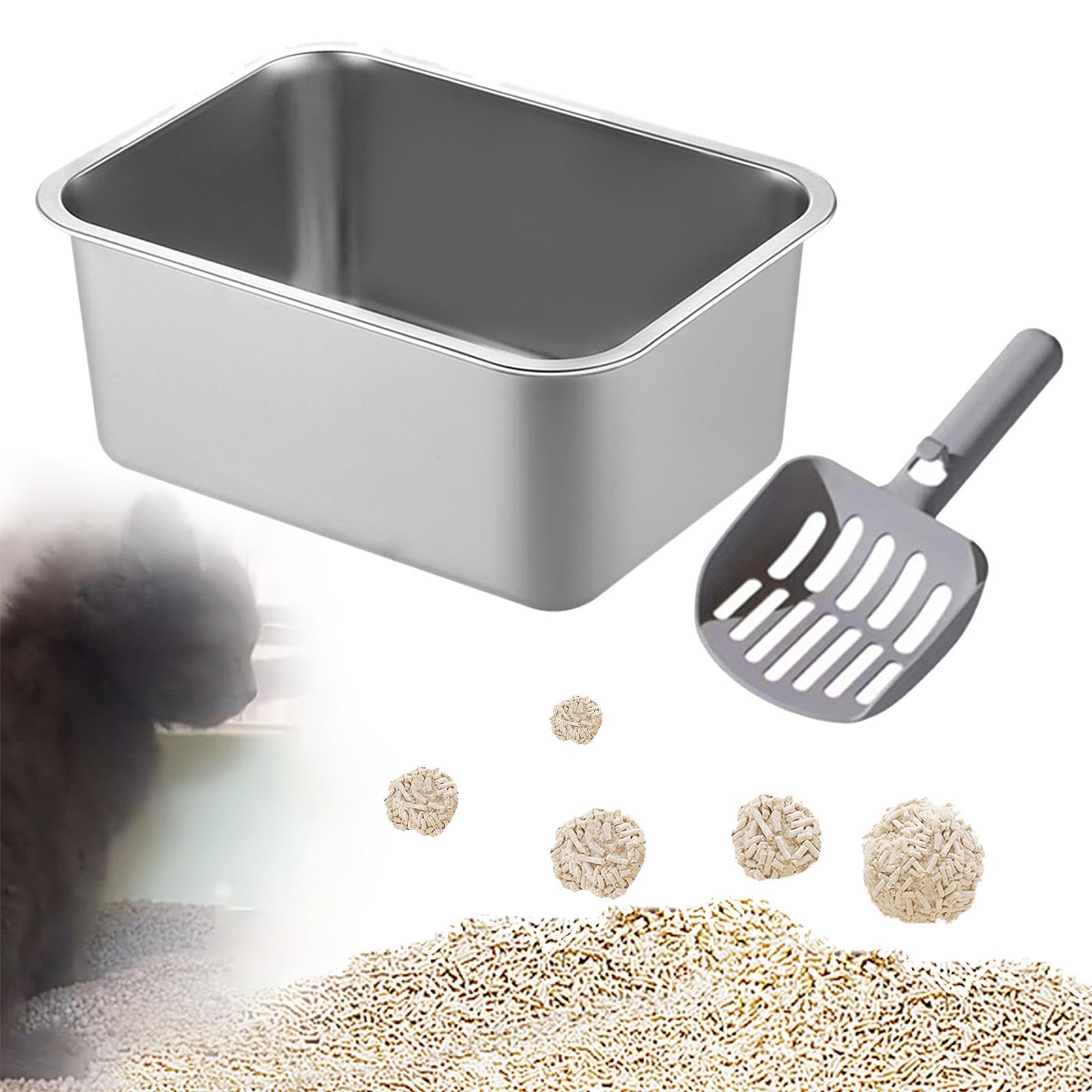 Bandeja de Arena para Gatos, Pala y arenero de Acero Inoxidable, Inodoro con Bordes Altos