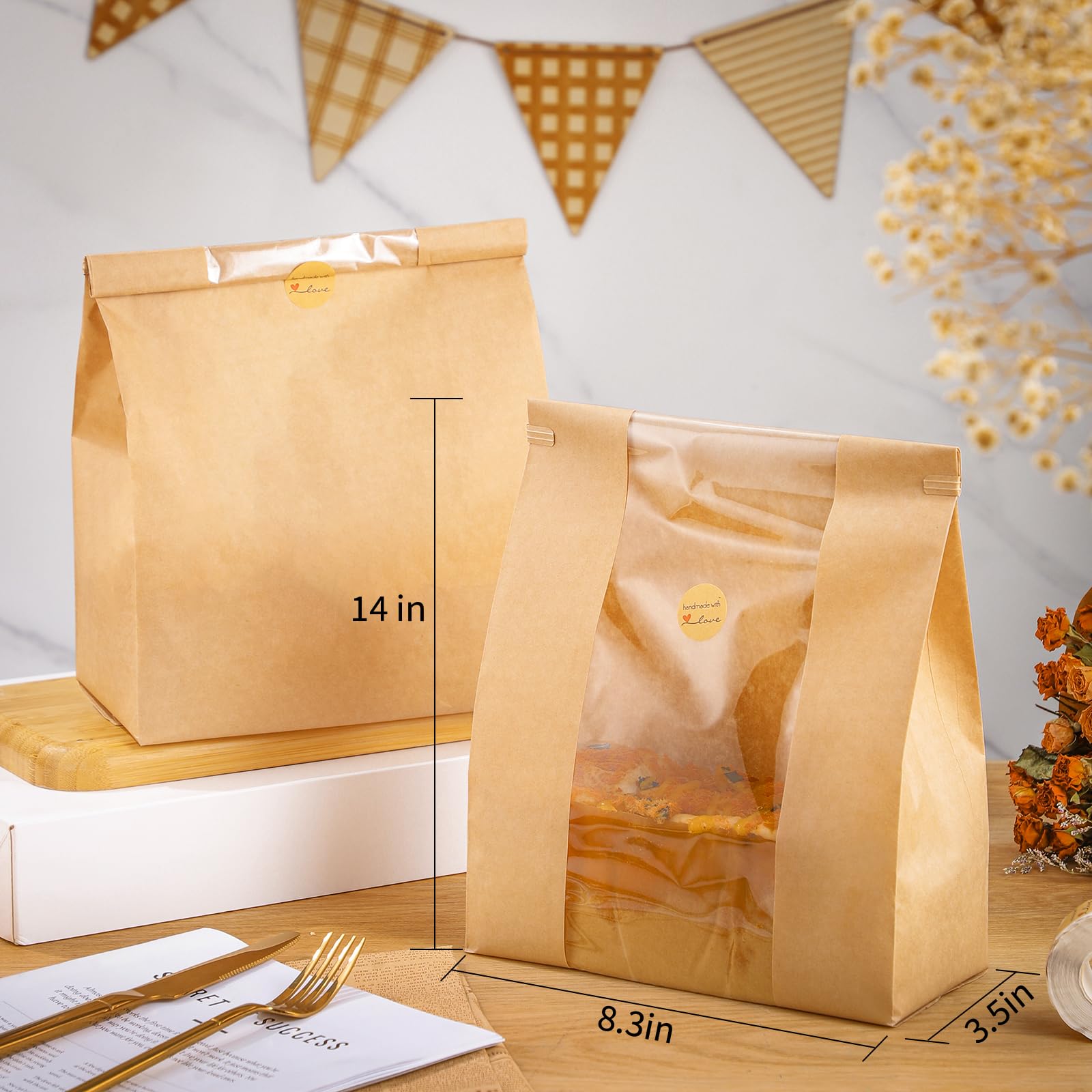 120 bolsas de papel para pan casero, bolsas de pan de masa madre con cierre de pestaña de estaño, ventana frontal transparente y etiquetas adhesivas de sellado, bolsas de panadería para galletas, pan