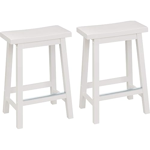 Amazon Basics Solid Wood Saddle-Seat Kitchen Counter-Height Stool - Set of 2, 24-Inch Height, White