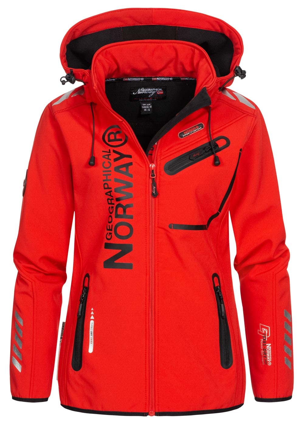 Geographical Norway Women's Red / Black Reine Lady - Waterproof Softshell Jacket For - Outdoor Hooded Jacket - Winter Resistant Windbreaker - Outdoor Activities Hiking (Red/Black L, Size 3)