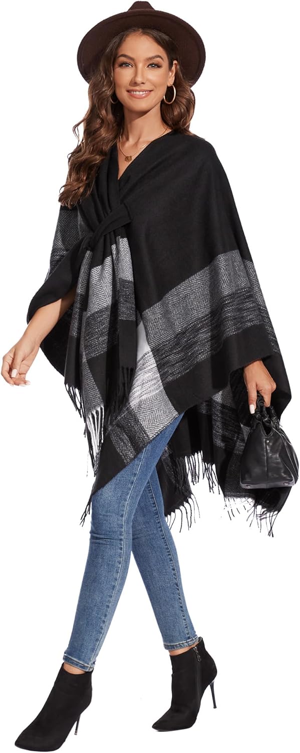 Shawl Wraps for Women, Elegant Knitted Cape Open Front Poncho Scarf Blanket Cardigan Coat for Autumn and Winter - Image 4