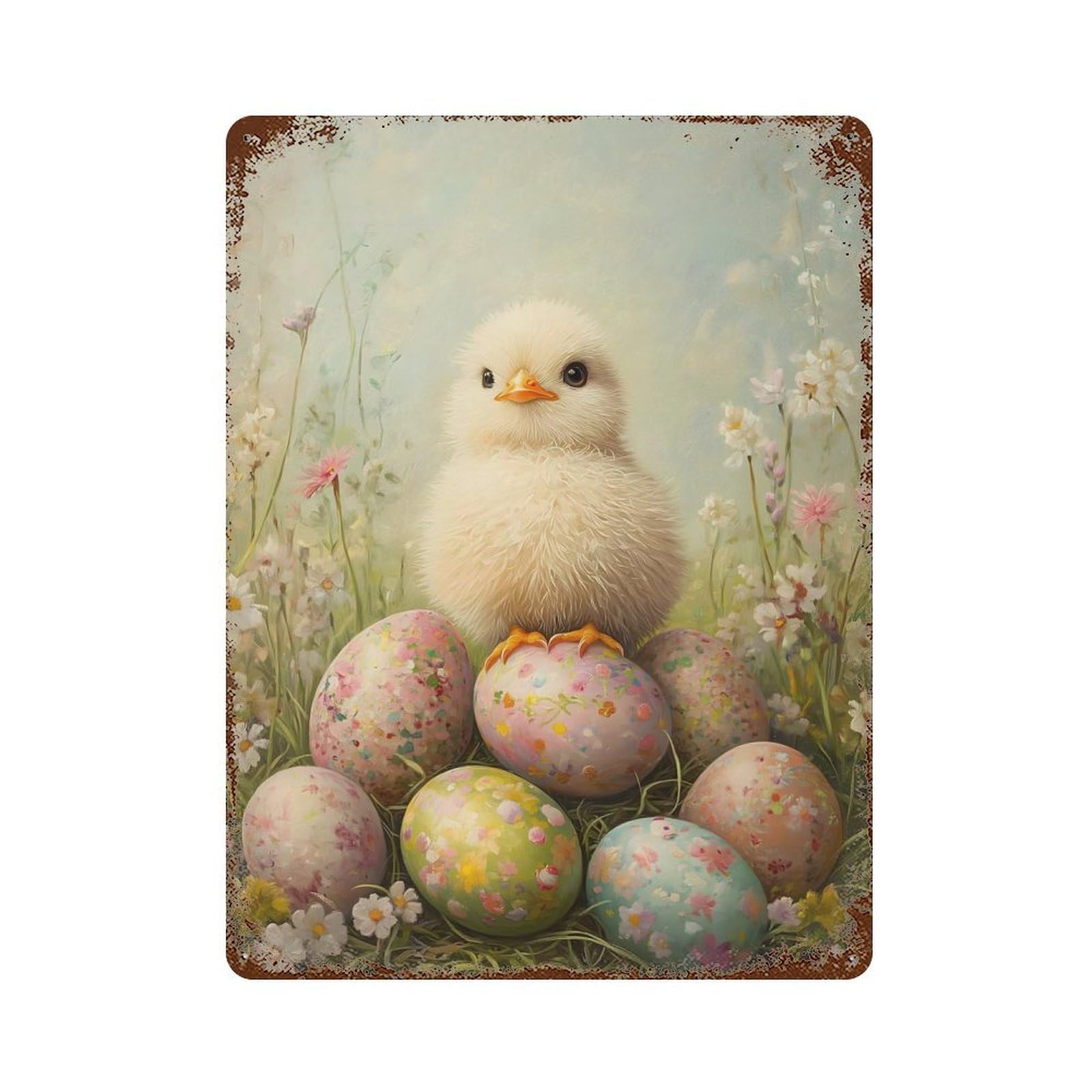 Easter Chick Painting Rusty Metal Tin Sign 15.7"x11.8", for Pub, Kitchen And Man Cave Decor, Farmhouse Wall Decor