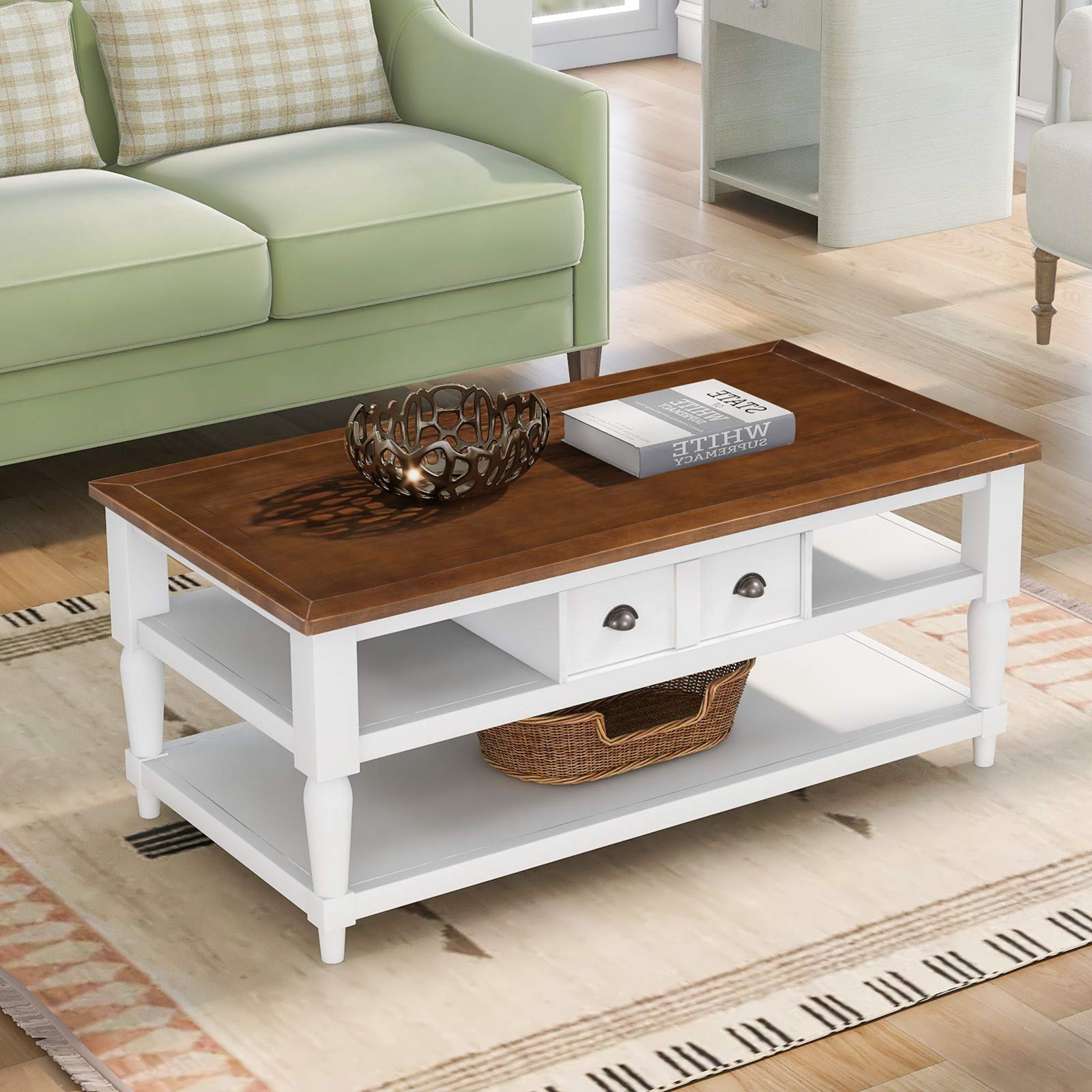 Buy SSLine Wooden Coffee Table with Storage Drawer & Shelves Farmhouse
