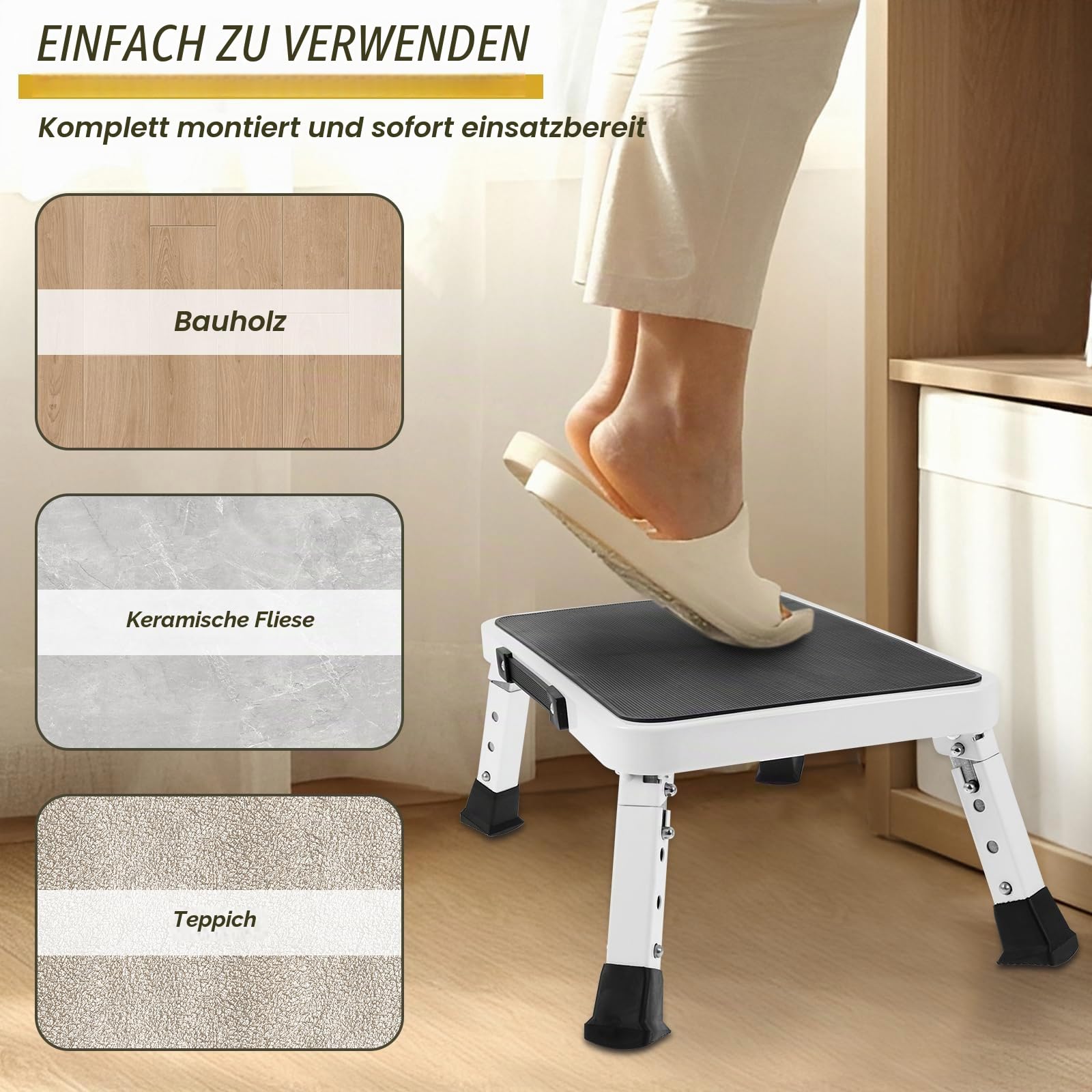 3-stufig Höhenverstellbarer Tritthocker Klappbar, bis zu 150 kg, Klapptritt Faltbar mit Rutschfester Gummifüßen, Tragbarer Trittstufe Klappbar für Erwachsene, Senioren, Kinder, Küche, Büro