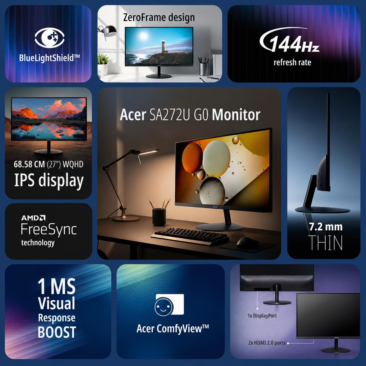 Acer SA272U P1 27 Inch WQHD (2560x1440) IPS Ultra Slim Monitor | 144Hz Refresh Rate | 1ms VRB | HDR10 | AMD FreeSync | HDMI 2.0 + DisplayPort 1.4 | Built-in Dual Speakers | VisionCare | Black — Amazon image 2