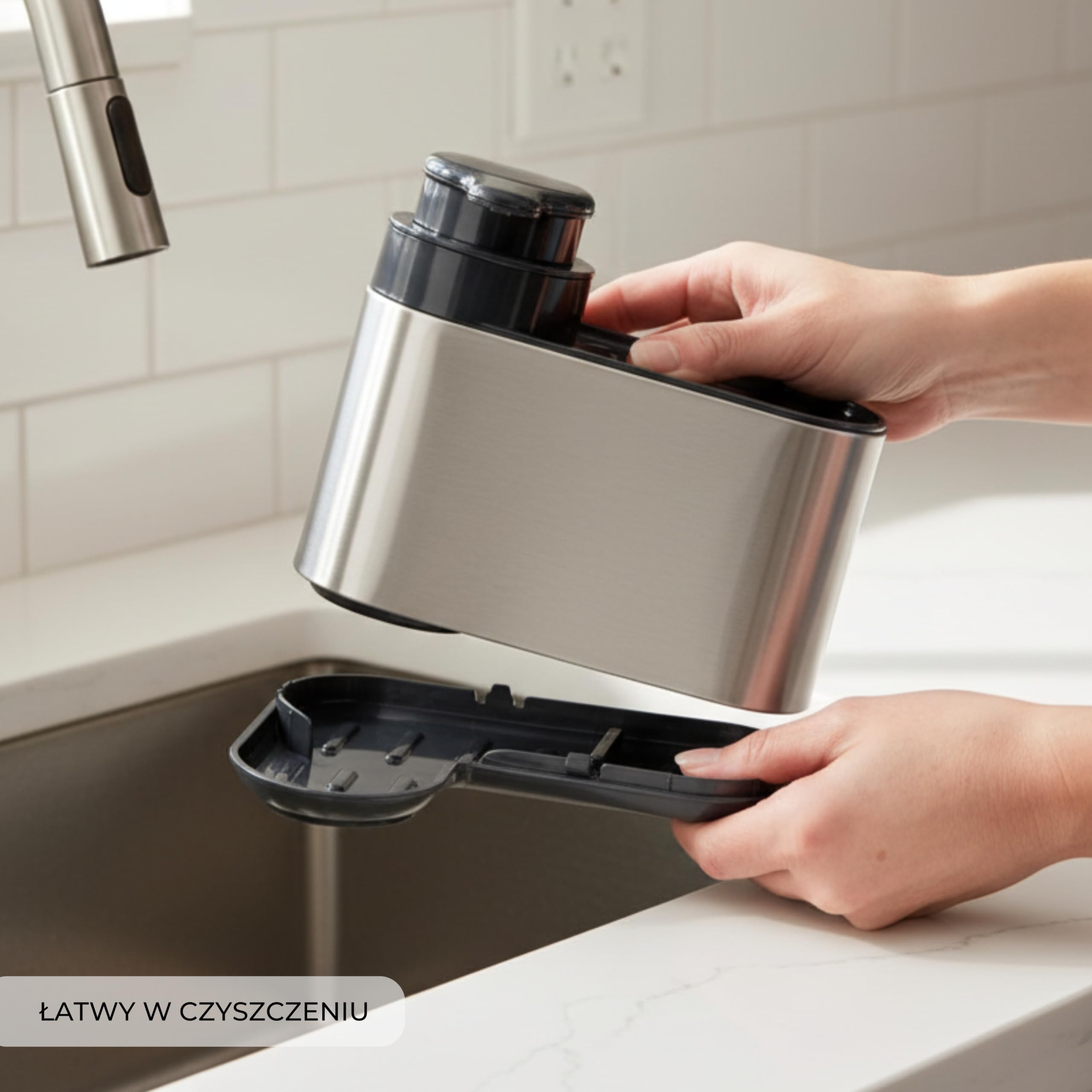 Erreke Dozownik mydła do kuchni, 3 w 1 Do Przechowywania w Zmywarce, Wykonany ze Stali Nierdzewnej SS410, Dozownik na Płyn do Mycia Naczyń 300 ml, Kolor Srebrny