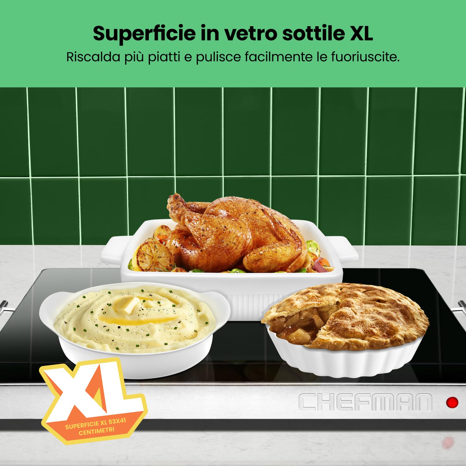 Scaldavivande elettrico Chefman con temperatura regolabile, perfetto per buffet, ristoranti, feste, eventi e cene a casa, superficie in vetro 25" x 18" per mantenere il cibo caldo – Nero