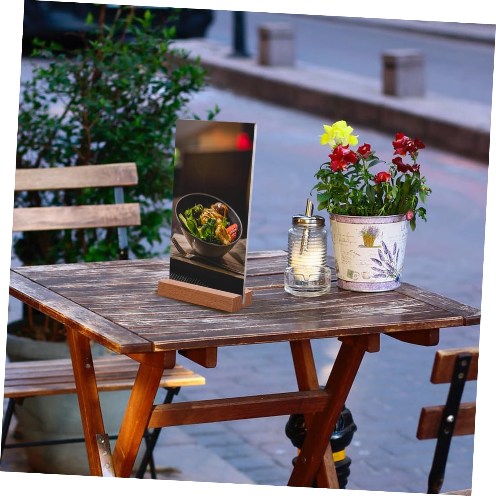 Gatuida 5 Piezas Soporte Menú Acrílico Transparente Doble Cara con Base Madera T Exhibidor Resistente para Restaurante Oficina Tienda y Eventos Vertical