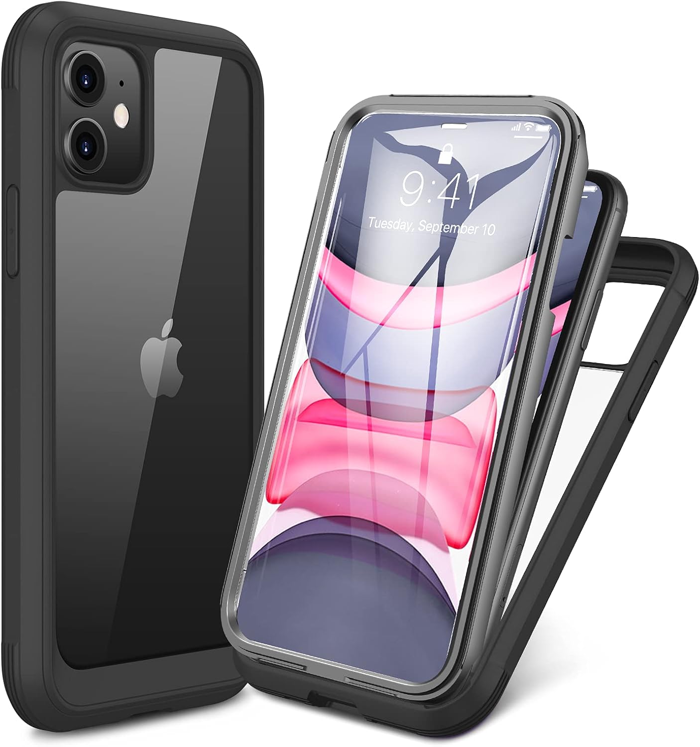Miracase Glass Case for iPhone 11 6.1 inch, 2021 Upgraded Full-Body Clear Bumper Case with Built-in 9H Tempered Glass Screen Protector for iPhone 11, Black