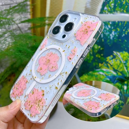 Miniatura 9 de Abbery Funda magnética para iPhone 14 Pro Max de 6.7 pulgadas, compatible con MagSafe Cute Clear with Design Glitter Sparkle Real Dry Pressed Flower