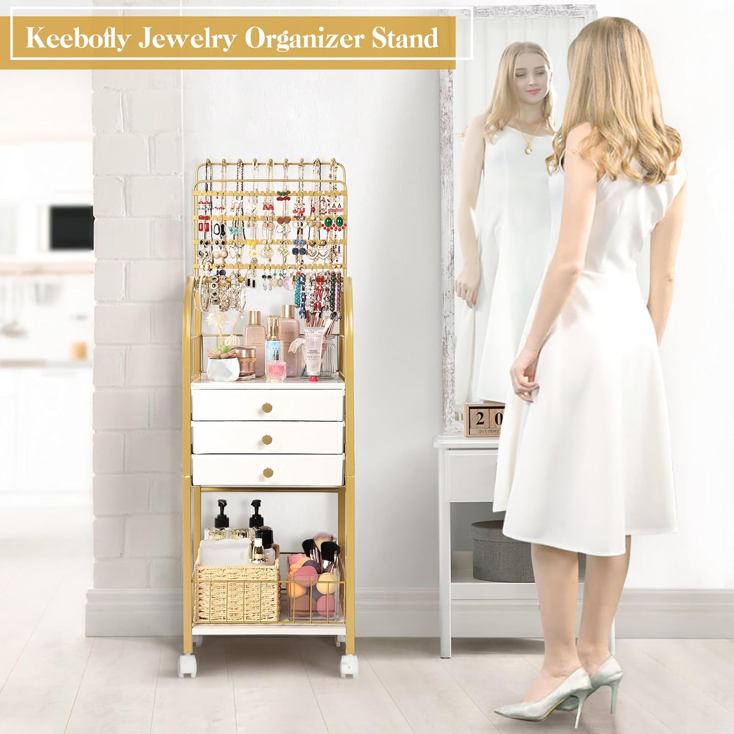 Keebofly Large Jewelry Organizer Stand with 3 Box Drawer - Necklace Organizer Earring Storage Armoire Holder with Display for Earring Necklace Ring Bracelet Gold
