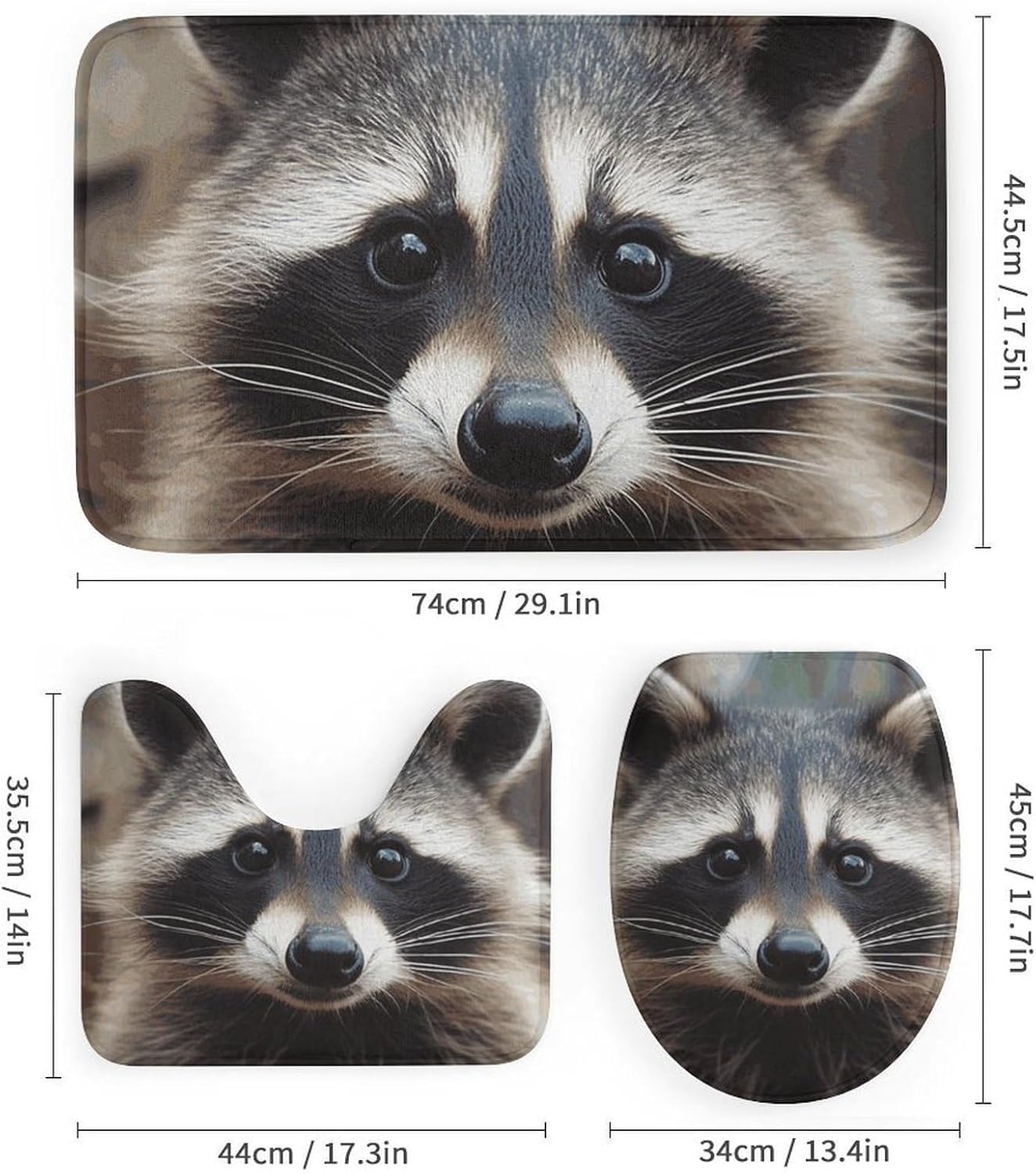 Little Raccoon Face Shower Curtain Set 4 Piece, Non-Slip Bath Mat with Toilet Lid Cover and Waterproof Shower Curtain with 12 Hooks, Complete Bathroom Set for Home Decor