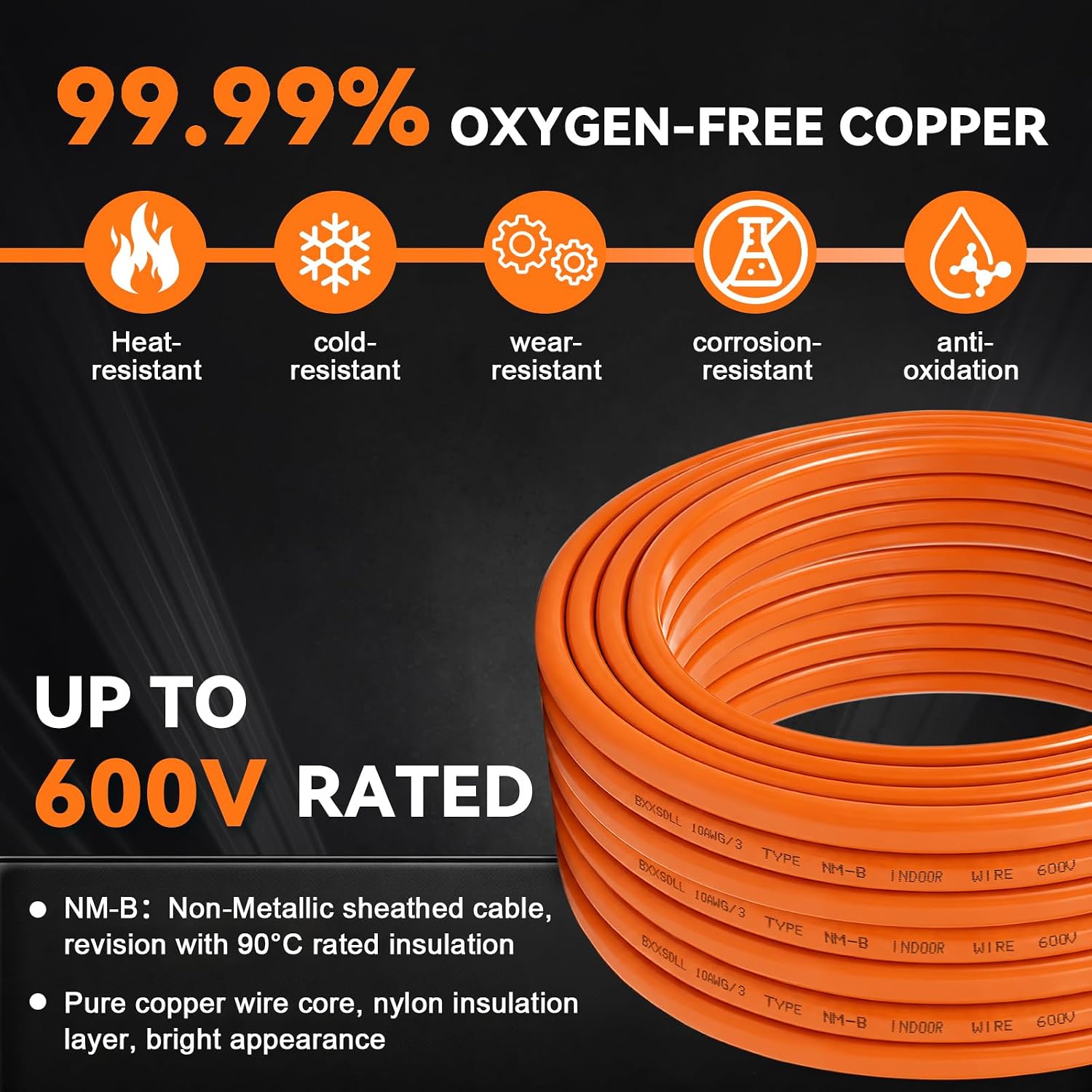 10FT 10/3 NM-B Wire with Ground -10 AWG 3 Conductor Non-Metallic Sheathed Cable, 100% Pure Copper Electrical Wire for Outlets, Switches, Lighting, Residential, Garage Indoor Wiring Projects